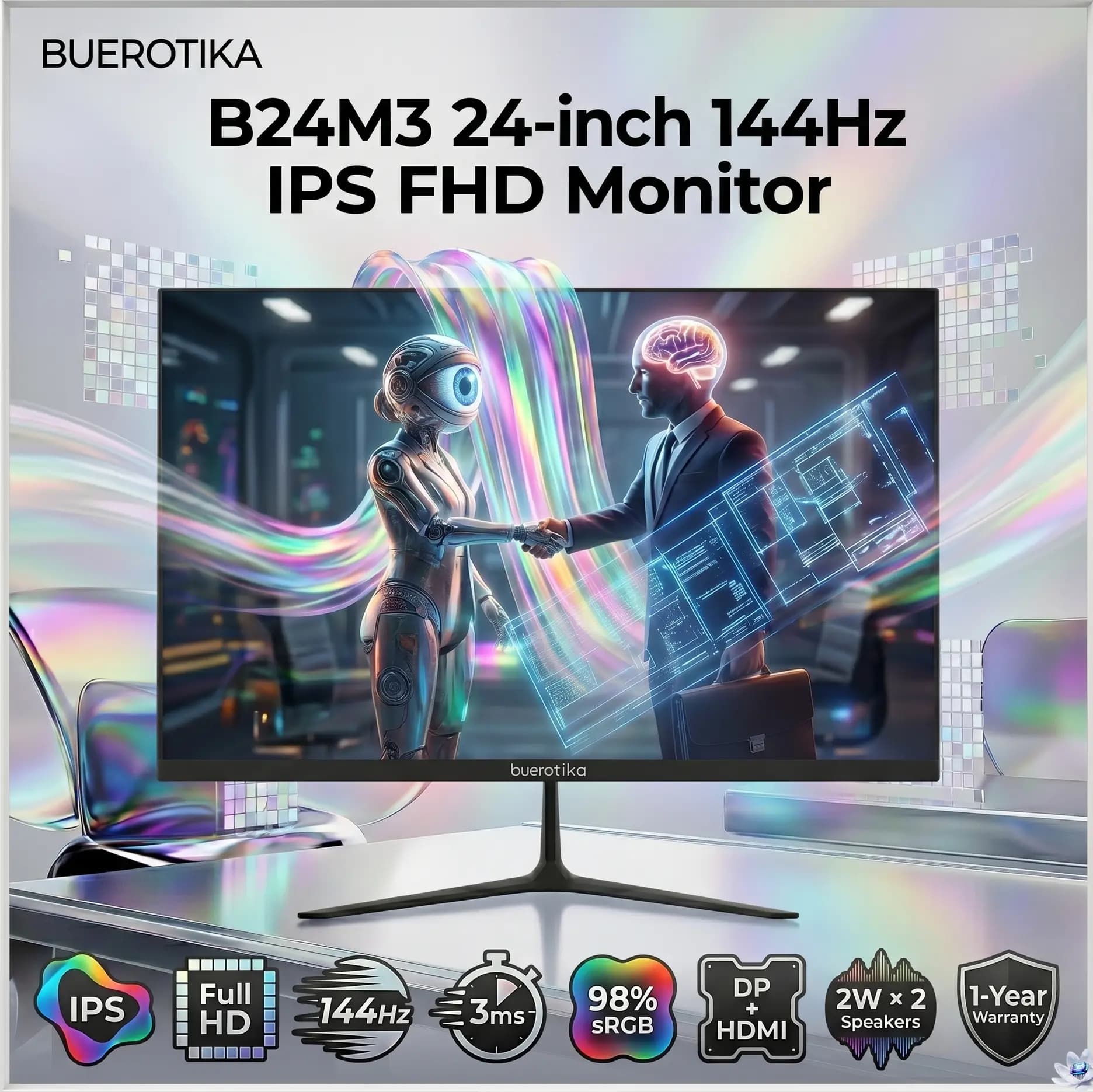 BUEROTIKA B24M3 23.8″ IPS Full HD Monitor, 144Hz, 3ms, 98% sRGB, 16.7M Colors, DP, HDMI, Audio Out, Dual 2W Speakers, 1-Year Warranty