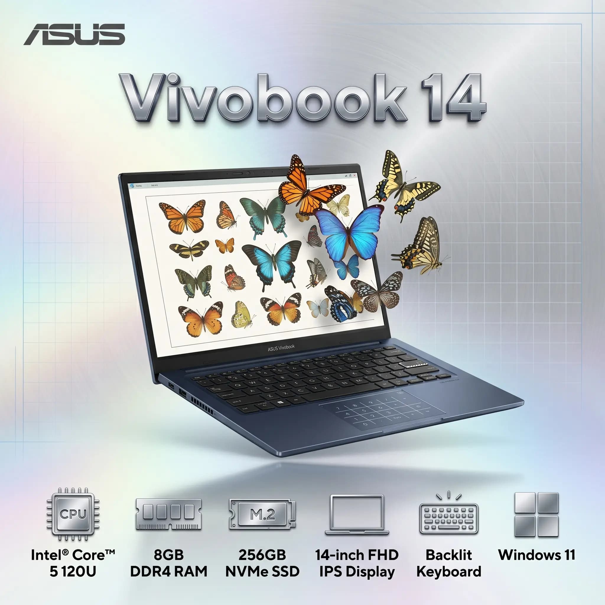 ASUS Vivobook 14 X1404VAP Intel Core 5-120U | 8GB DDR4 RAM ; 256GB NVMe SSD | 14-inch FHD IPS Display | Intel Graphics (AK-20118)
