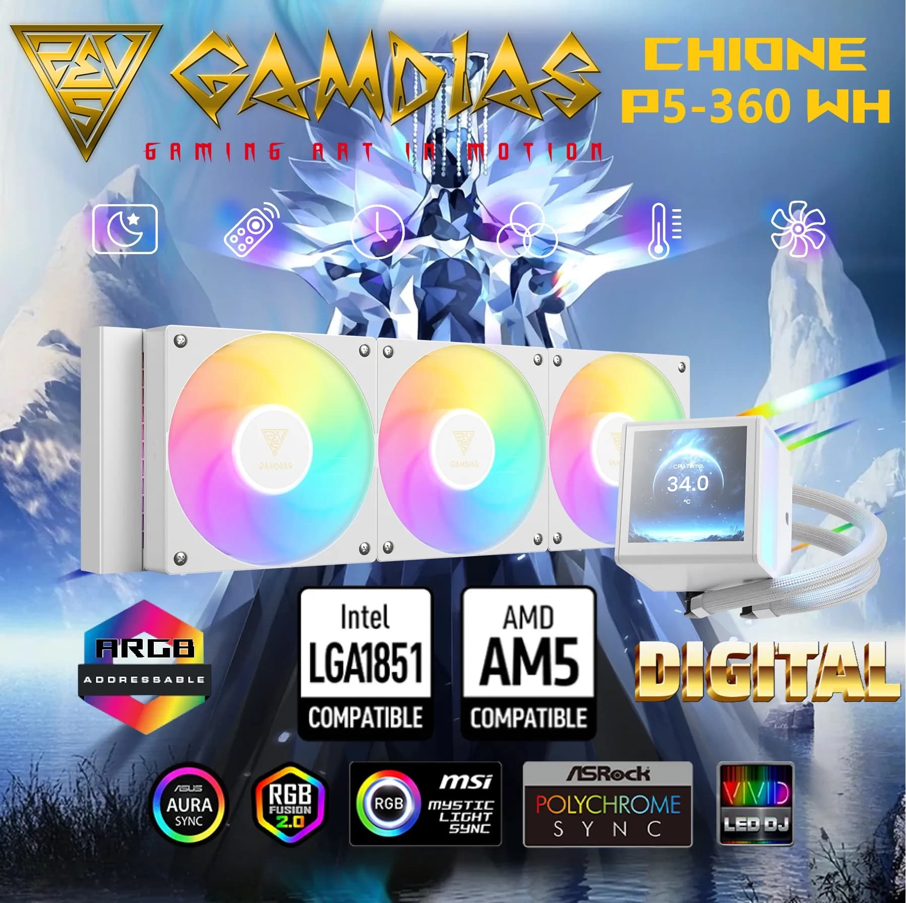 GAMDIAS CHIONE P5-360 WH AIO ARGB Liquid Cooler