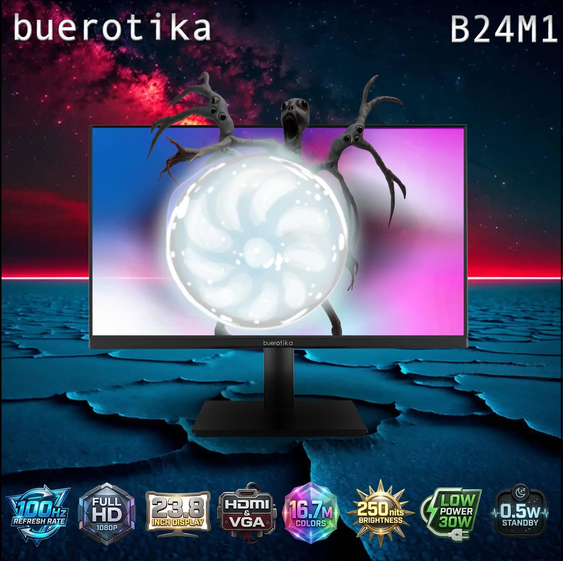 Buerotika B24M1 24 Inch FHD Monitor 100Hz, 1920×1080, HDMI & VGA, 250nits, 16.7M Colors, 14ms Response,l Low Power 30W