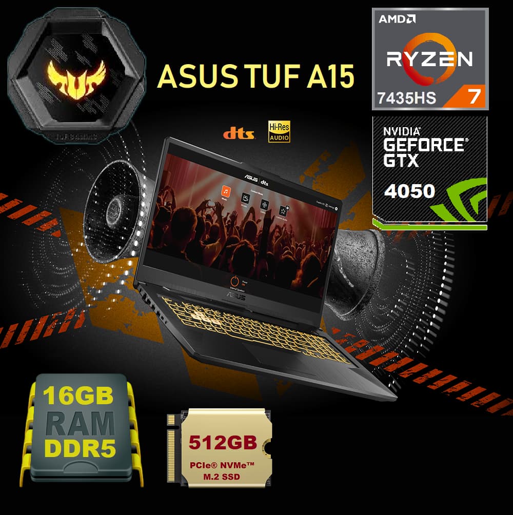 ASUS TUF Gaming A15 AMD Ryzen 7 7435HS | 16GB DDR5 RAM; 512GB NVMe | RTX 4050, 6GB | 15.6-inch FHD 144Hz I0PS Display