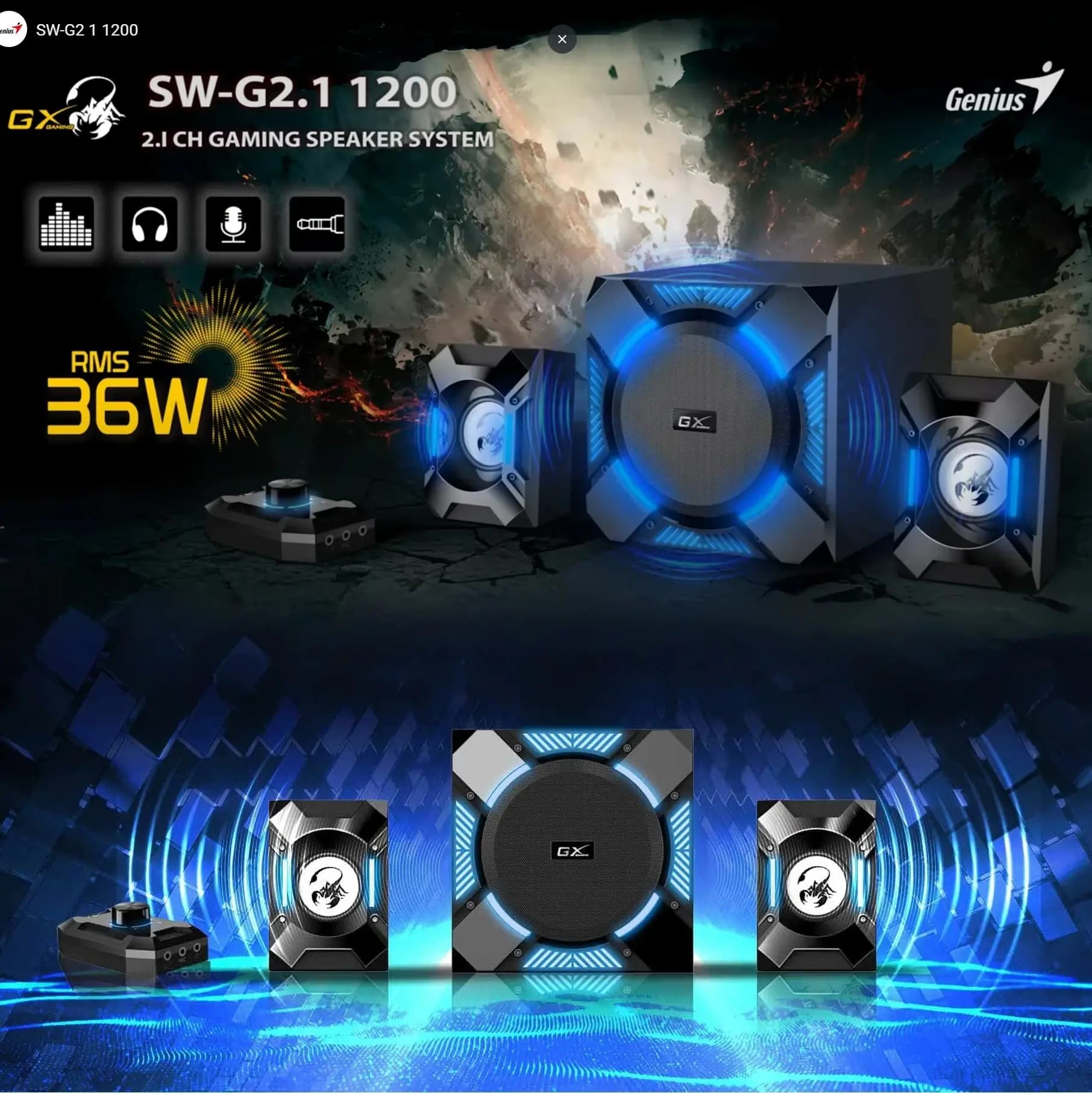 Genius SW-G2.1 1200 36-Watt 2.1 Channel Gaming Speaker System, 5.25″ Subwoofer, Adjustable Bass, Blue LED Lights