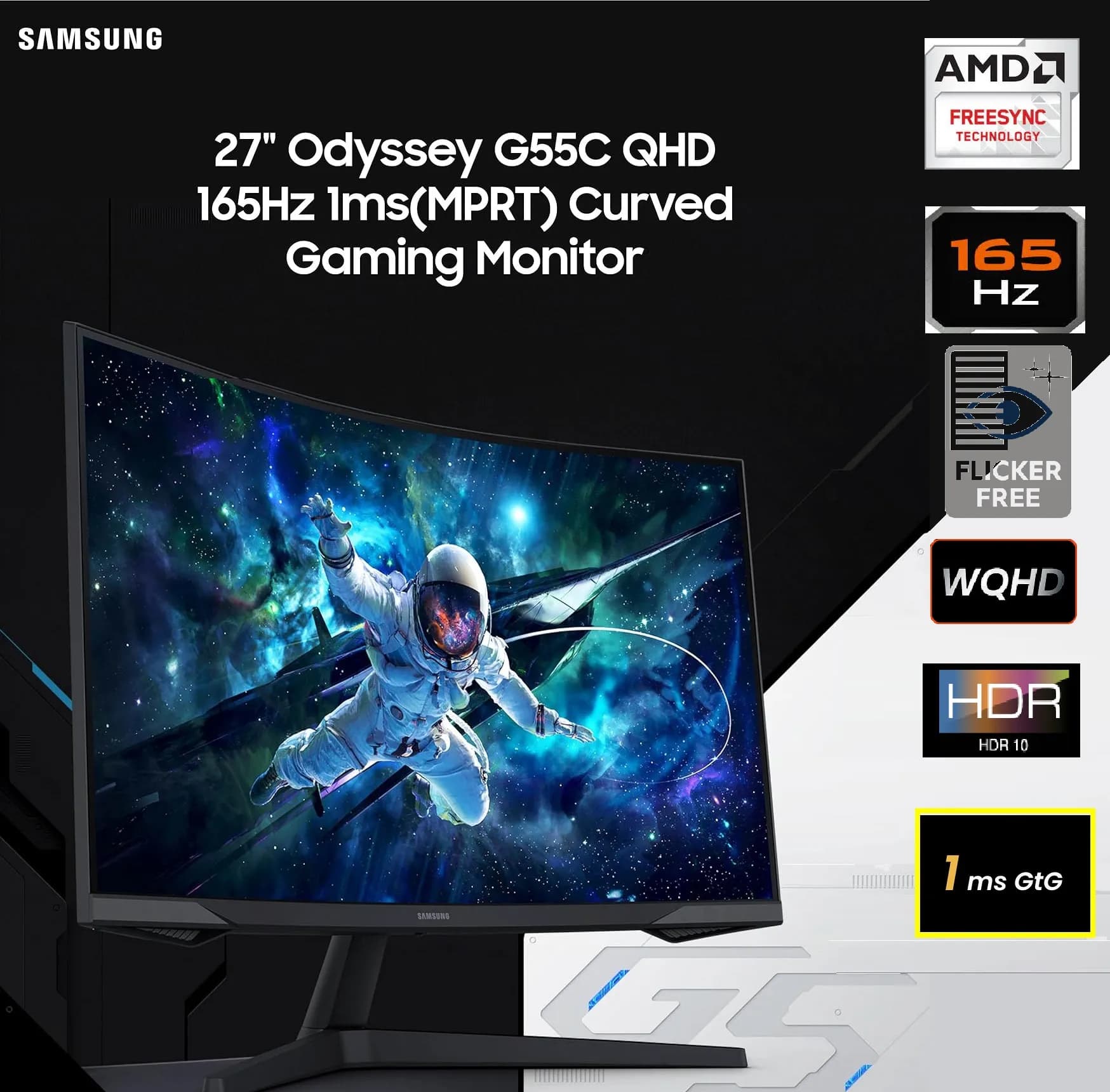 Samsung Odyssey G5 G55C Curved Monitor, 27″ QHD VA Display, 165Hz Refresh Rate, 1ms (MPRT) Response Time, 1000R Curvature