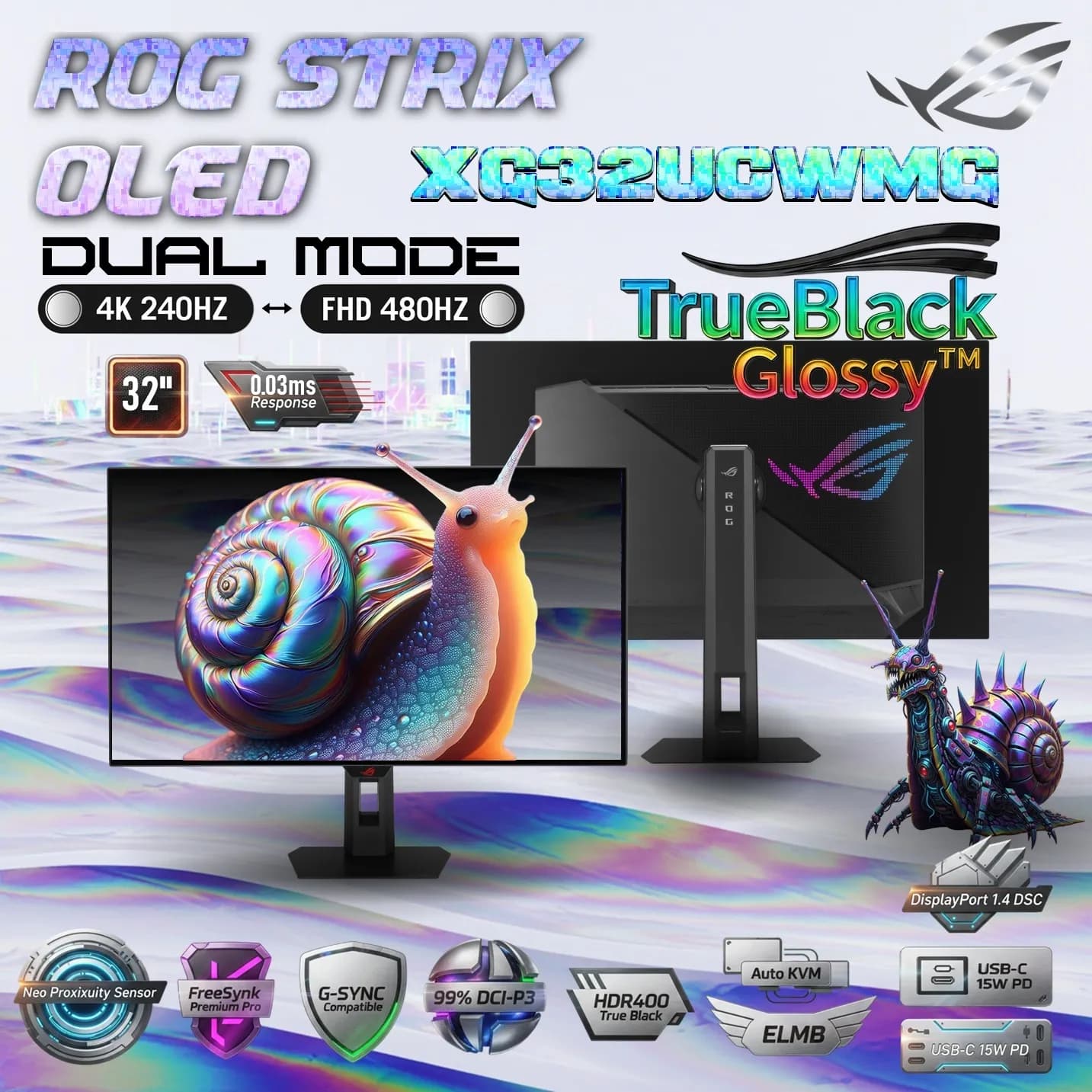 ASUS ROG Strix OLED XG32UCWMG 32-inch 4K 240Hz / 480Hz Dual-Mode Gaming Monitor, 0.03ms, TrueBlack Glossy WOLED, HDR400