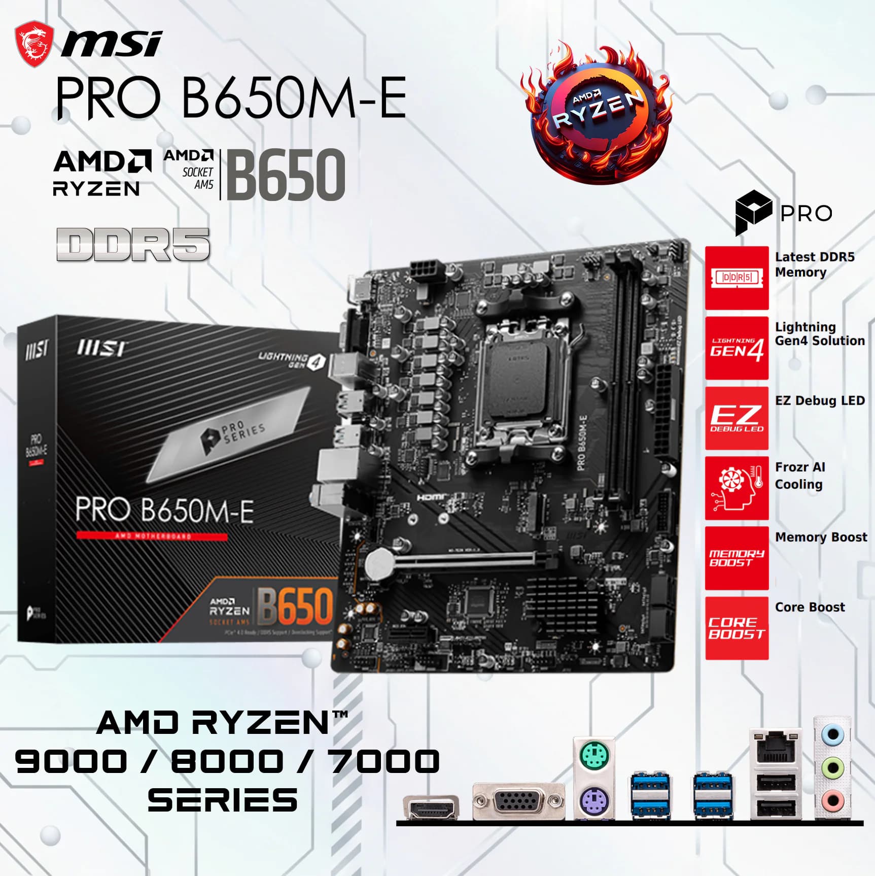 MSI Pro B650M-E AMD DDR5 mATX Motherboard, DDR5 6800+MHz OC Memory, PCIe 4.0 x16 Steel Armor, M.2 Gen4, HDMI 2.1