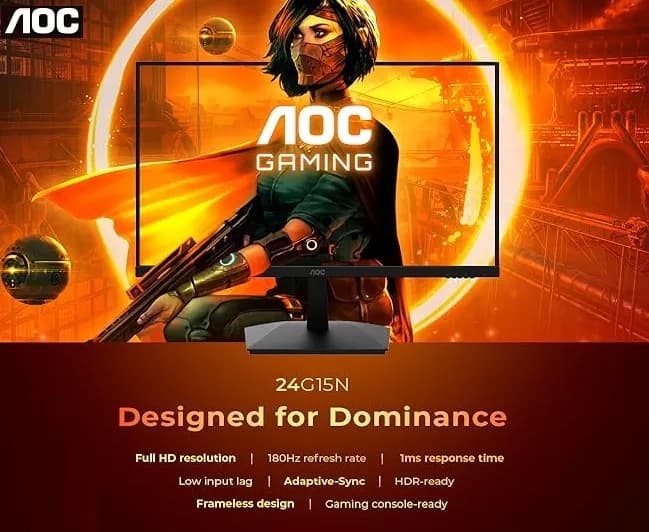 AOC 24G15 Gaming Monitor 24 inch FHD (1920X1080) 180Hz 1ms , 3-Sided Frameless VA panel , Adaptive-Sync , HDR10 Ready , 116%...