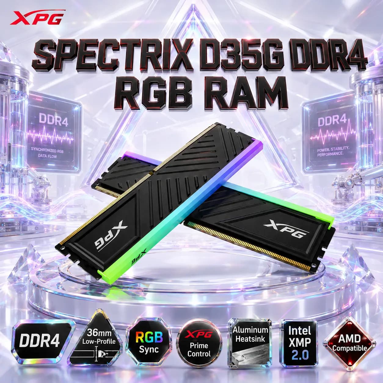 XPG SPECTRIX D35G 16GB DDR4 RAM Kit (2x8GB) 3200MHz CL16 RGB RAM Kit, 1.35V, Intel XMP 2.0, AMD Compatible, 36mm Low-Profile