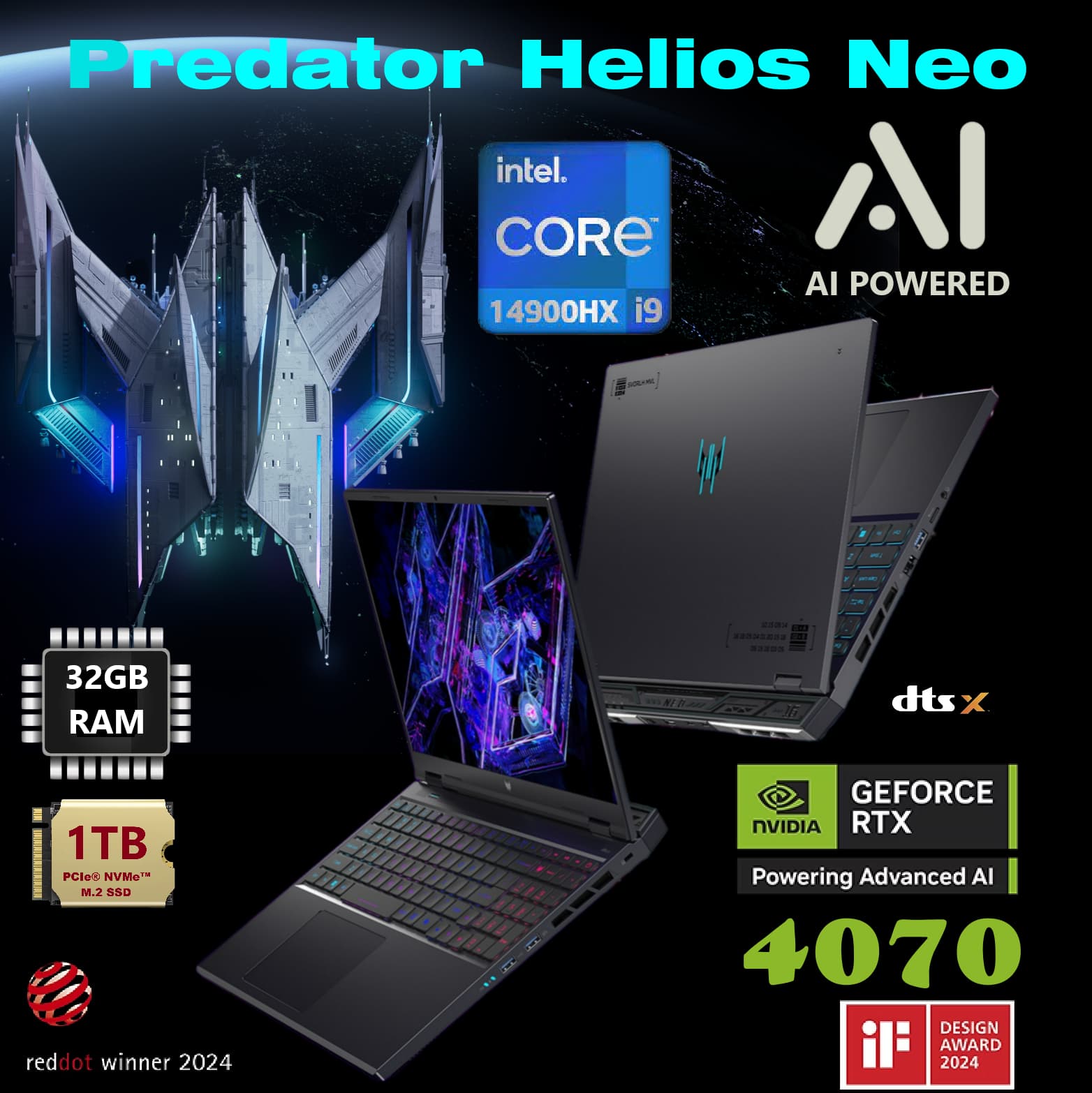 Acer Ai Powered Predator Helios Neo 16 PHN16-72 Intel Core i9-14900HX | 32 GB DDR5 RAM, 1 TB SSD | RTX 4070, 8 GB