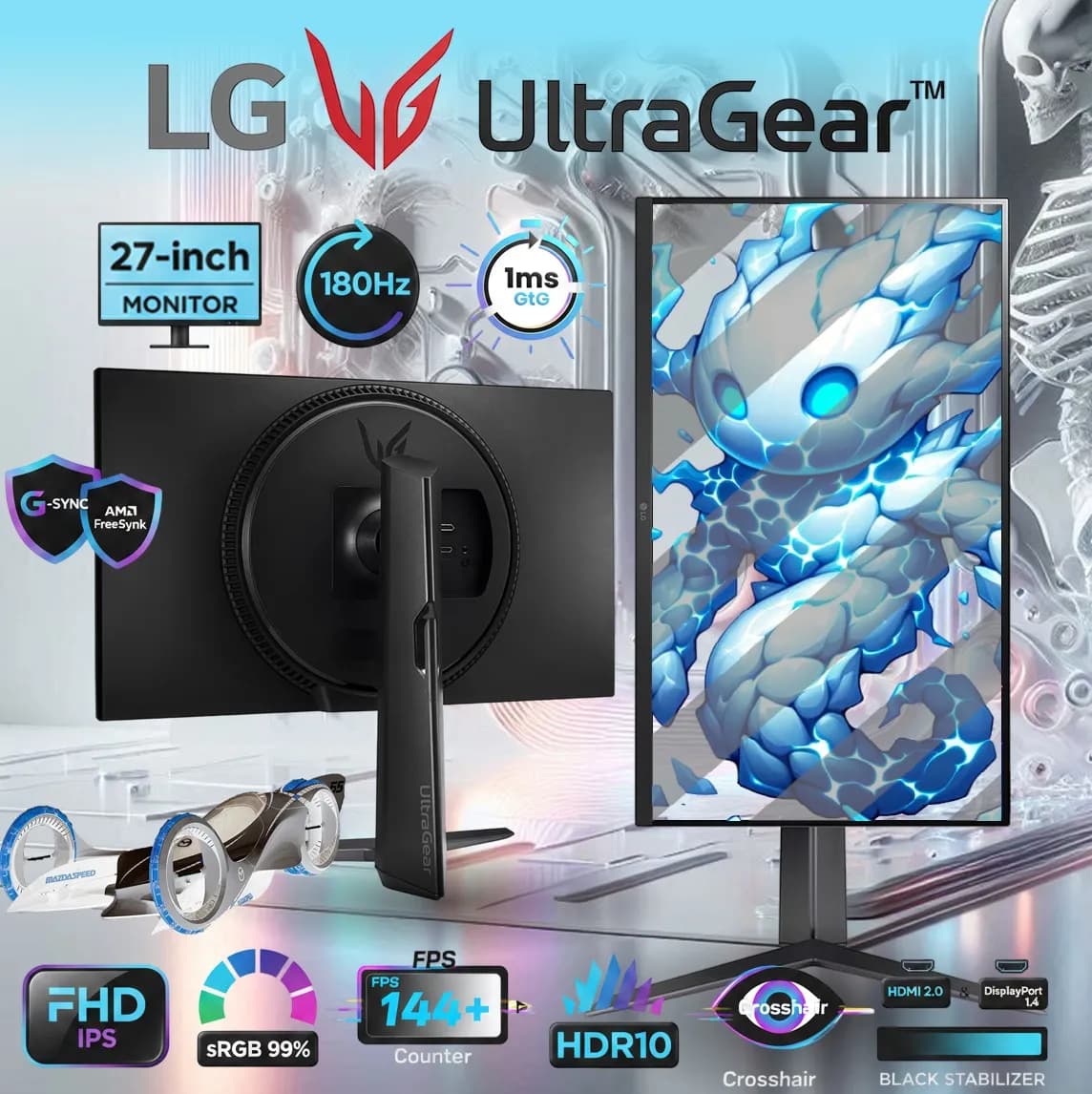 LG 27-inch UltraGear FHD IPS Gaming Monitor with 180Hz & 1ms GtG, HDR10, sRGB 99%, G-SYNC Compatible