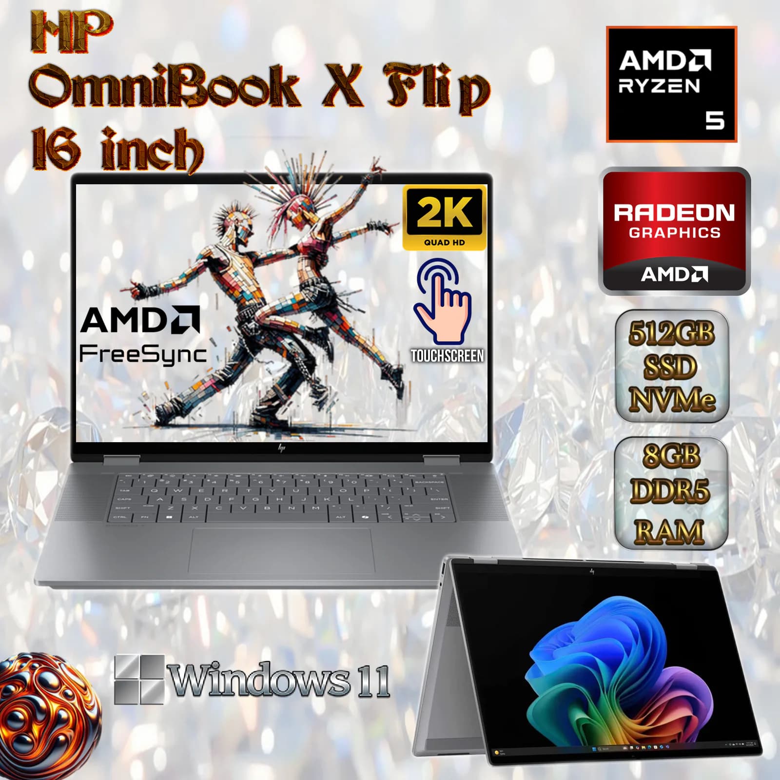 HP OmniBook X Flip AMD Ryzen 5 220 | 8GB DDR5 RAM; 512GB 4 NVMe SSD | AMD Radeon 740M Graphics