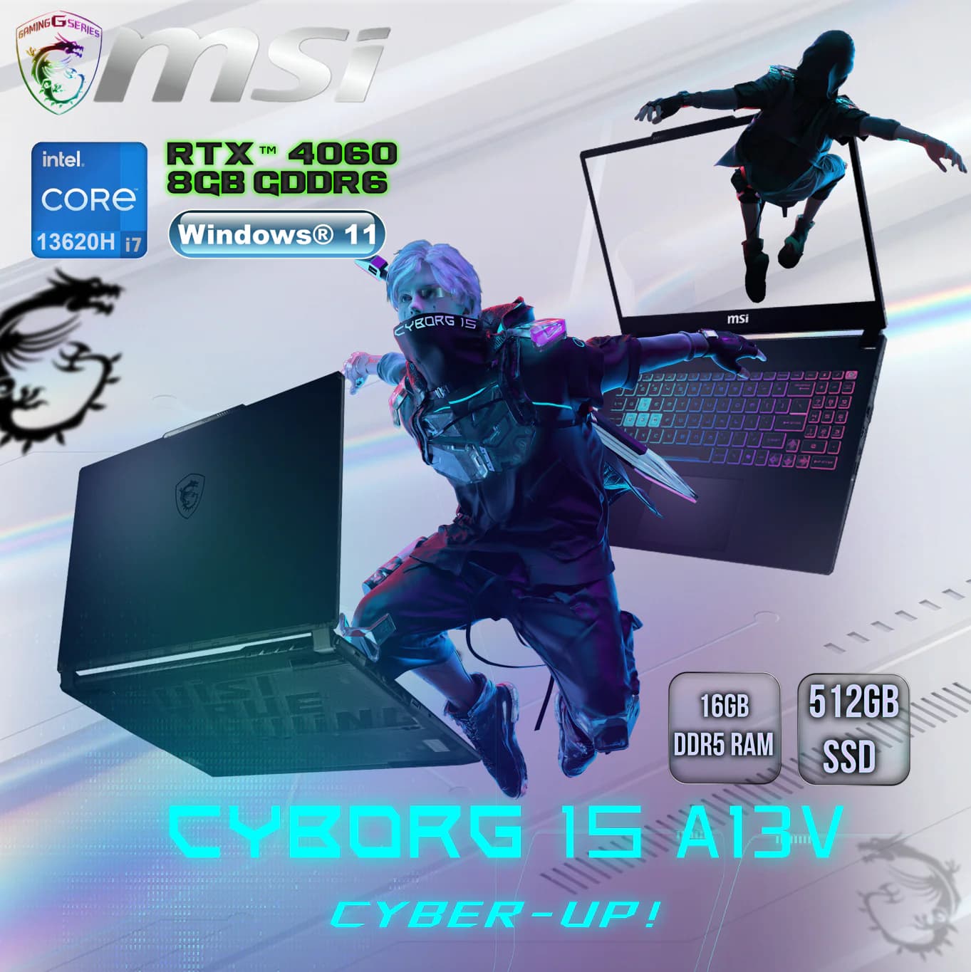 MSI Cyborg 15 A13VF | Core i7 -13620H | 16GB DDR5 RAM, 512GB SSD | RTX 4060; 8GB GDDR6 | 15.6″ FHD IPS 144Hz | Windows 11
