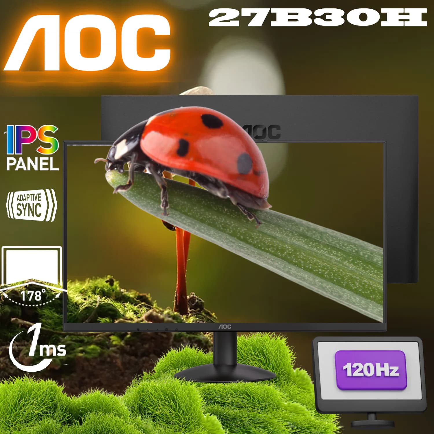 AOC 27B30H 27-Inch Full HD IPS Monitor With 120Hz Refresh Rate, 1ms MPRT, Adaptive-Sync, Low Blue Light, VESA Mount Support,...