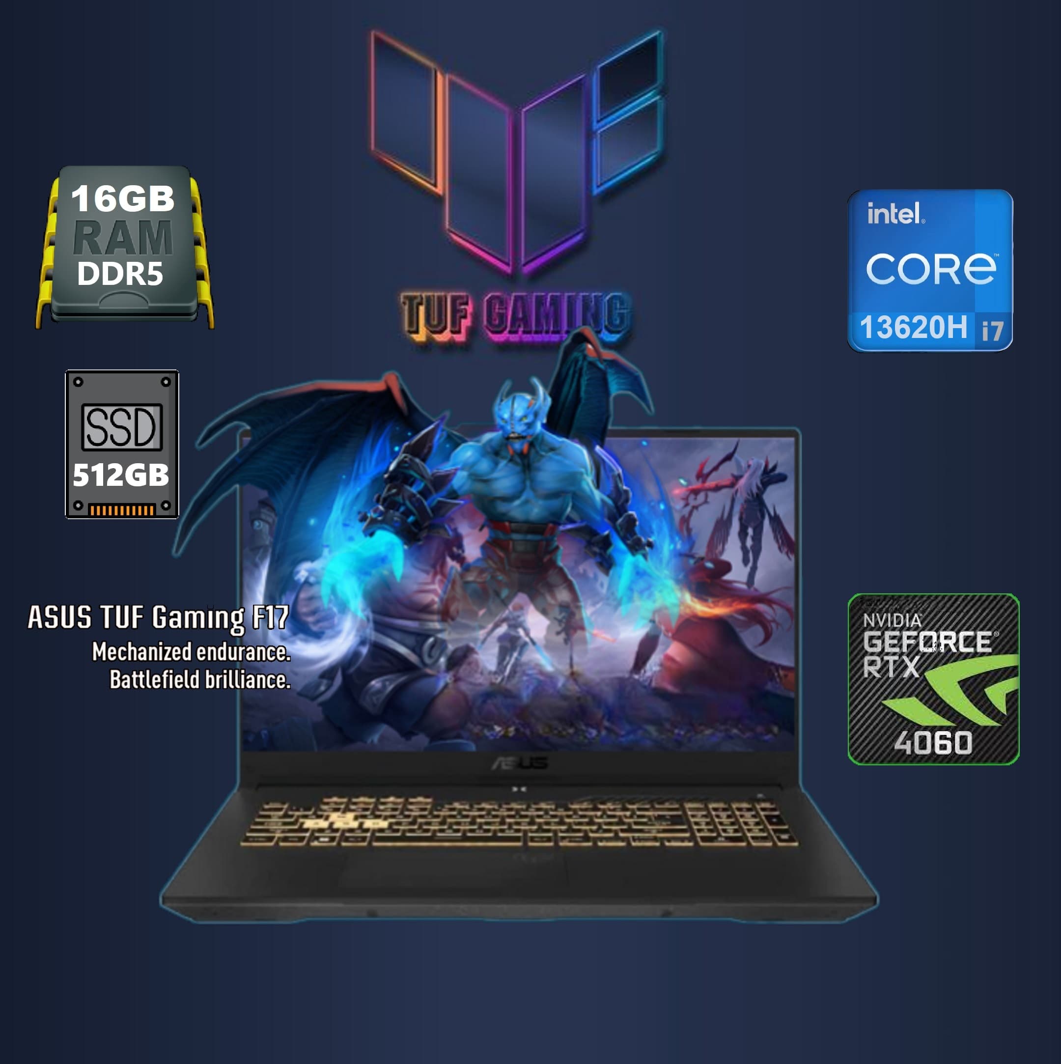 ASUS TUF Gaming F17 Intel Core i7-13620H | 16GB DDR5 RAM; 512Gb SSD | RTX 4060, 8GB | 17.3-inch FHD IPS Display 144Hz | DOS
