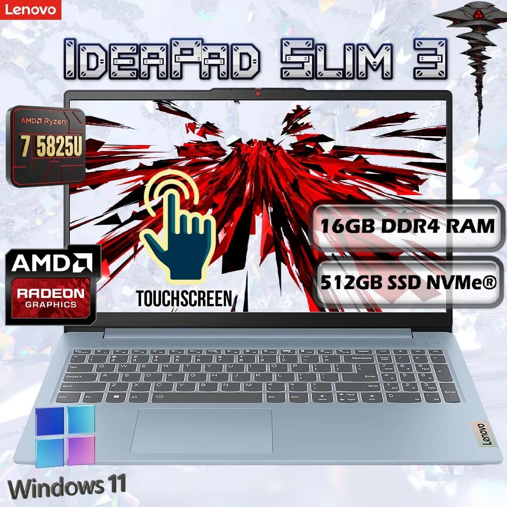 Lenovo IdeaPad Slim 3 15ABR8: AMD Ryzen 7 5825U | 16GB DDR4 RAM; 512GB NVMe SSD | 15.6 Inch FHD IPS Touch | AMD Radeon Graphics