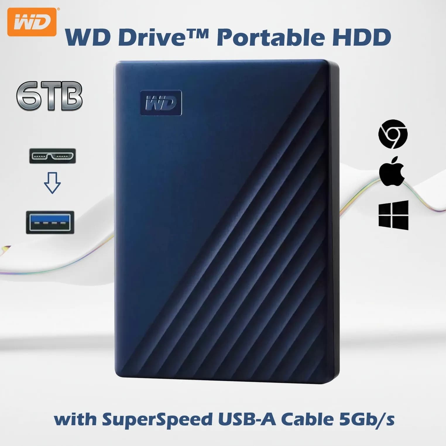 WD Drive 6TB Portable HDD , Micro-B / USB A 5Gbps , Slim Durable Design, Password Protection, Plug-And-Play Storage , Formatted...