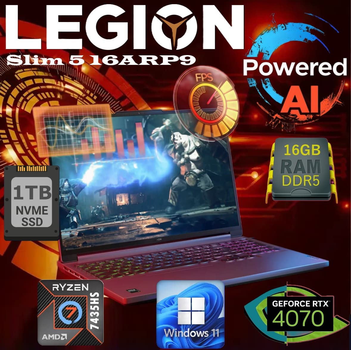 LENOVO AI PC Legion Slim 5 16ARP9 AMD Ryzen 7 7435HS | 16GB DDR5 RAM; 1TB SSD NVMe | RTX 4070 8GB | 16″ WQXGA IPS Display 165Hz