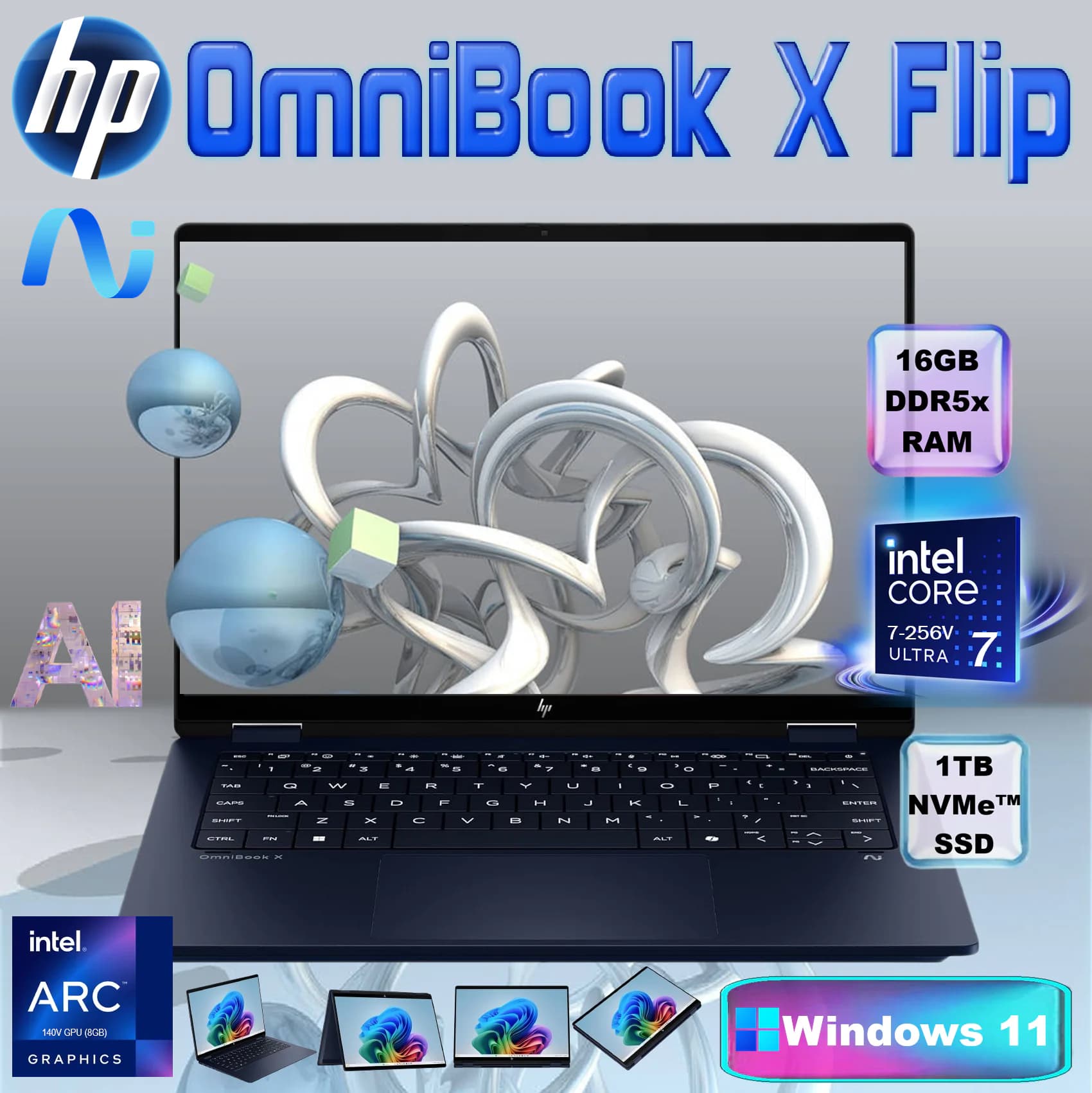 HP OmniBook X Flip AI PC Intel Core Ultra 7 256V | 16GB DDR5x RAM, 1TB NVMe SSD | Intel Arc 140V GPU (8GB)