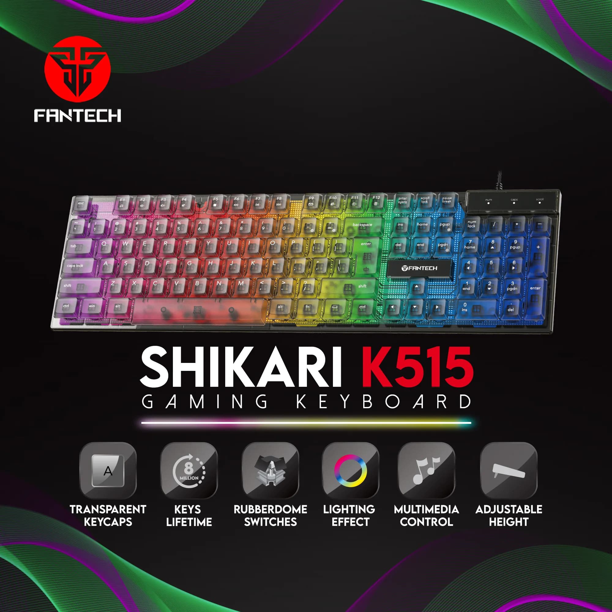 Fantech Shikari K515 RGB Wired Gaming Keyboard with 6 Keys Advance Anti-Ghosting | Transparent cover & Keycaps