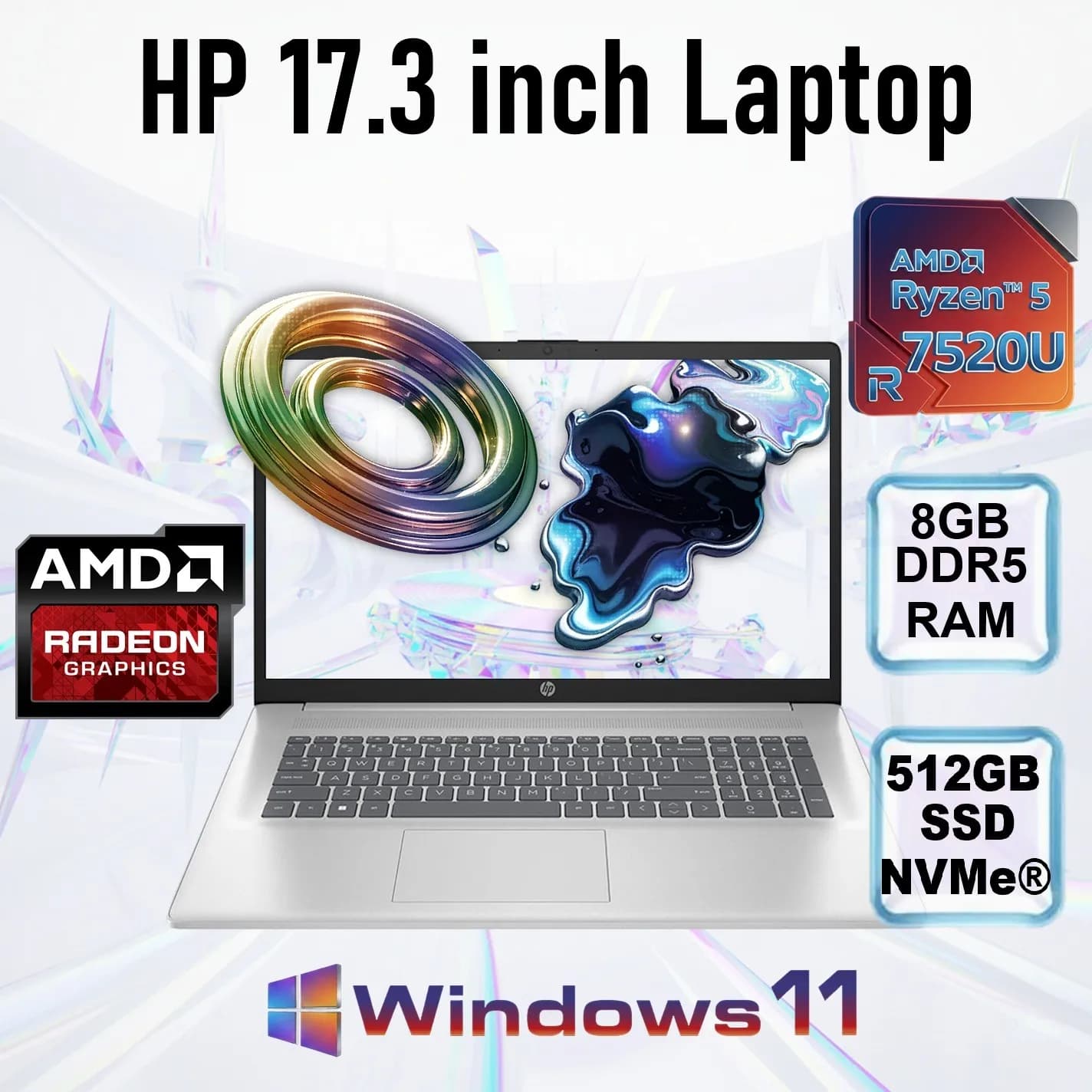HP 17-cp2025dx: AMD Ryzen 5 7520U | 8GB DDR5 RAM; 512GB NVMe SSD | AMD Radeon Graphics | 17.3-inch FHD IPS Display | Windows 11