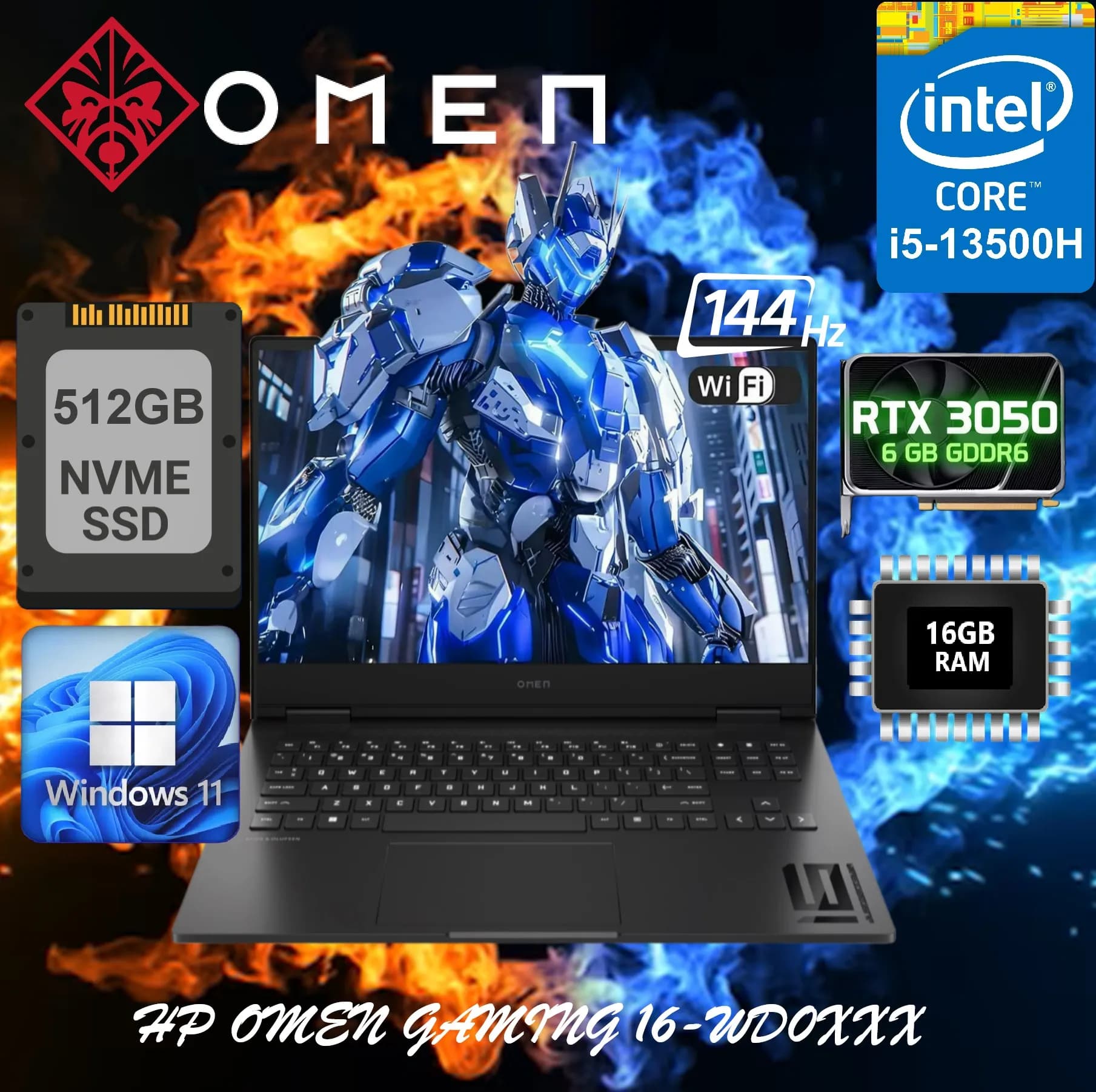 HP OMEN GAMING 16-WD0XXX Intel Core i5-13500H | 16GB DDR5 RAM ; 512 GB PCIe NVMe| 16.1″ FHD Display 144Hz| RTX 3050 , 6GB