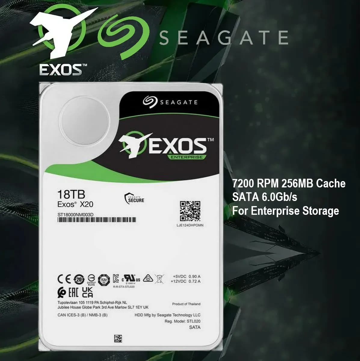 Seagate Exos X20 ST18000NM003D 18TB 7200 RPM 256MB Cache SATA 6.0Gb/s 3.5โณ Internal Hard Drive
