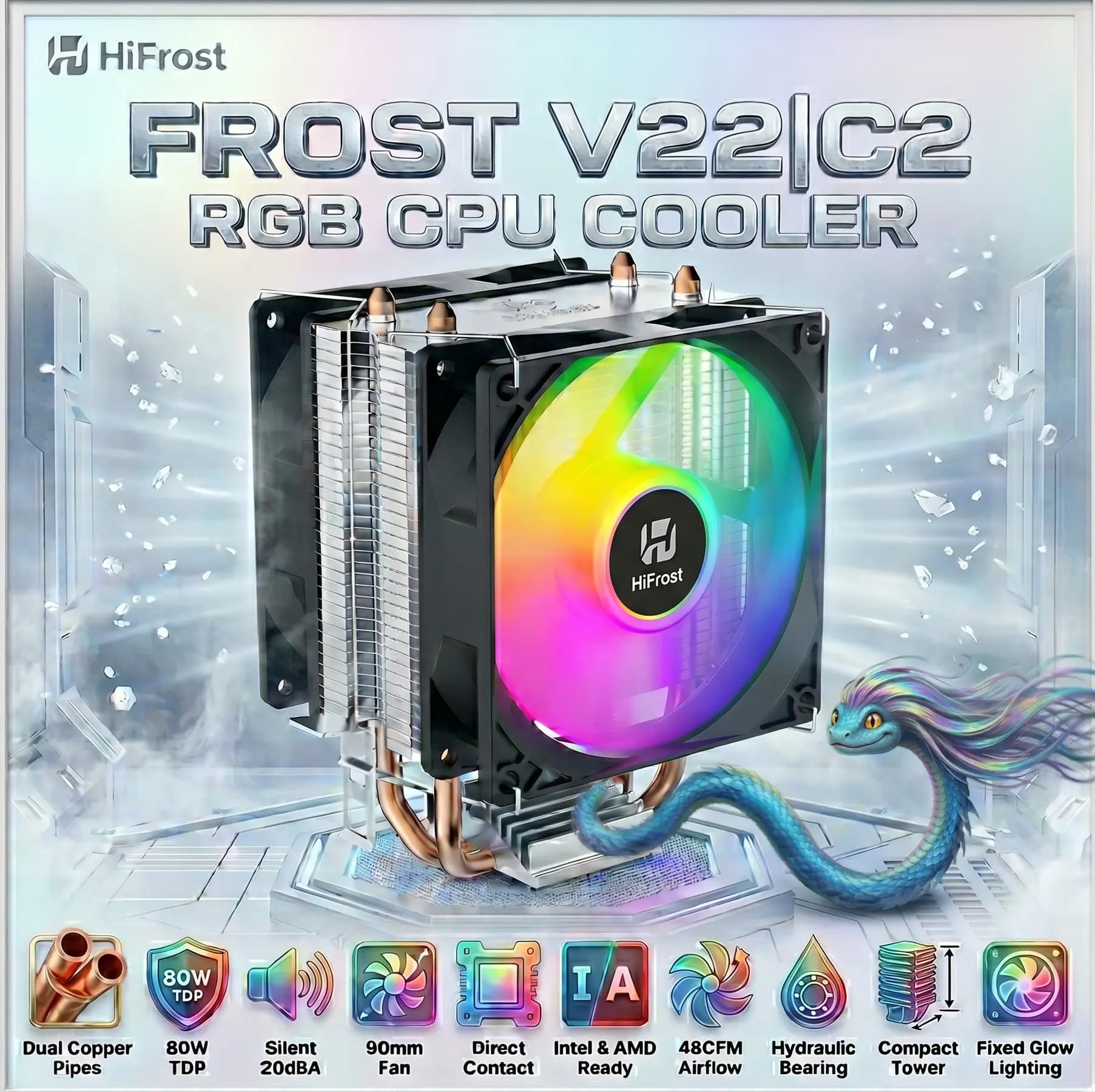HiFrost Frost V22-C2 RGB CPU Air Cooler, 2x6mm Copper Heat Pipes, 90mm Silent Fan, Fixed Glow Lighting, 80W TDP
