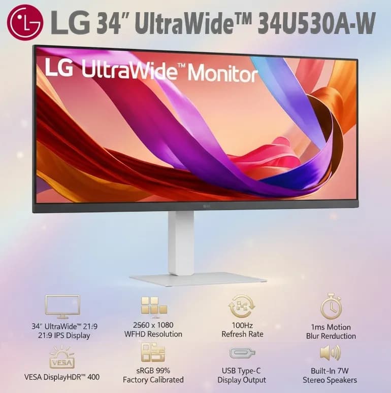 LG 34 Inch UltraWide FHD IPS Gaming Monitor With 21:9 Display, 2560×1080 Resolution, 100Hz Refresh Rate, 1ms MBR
