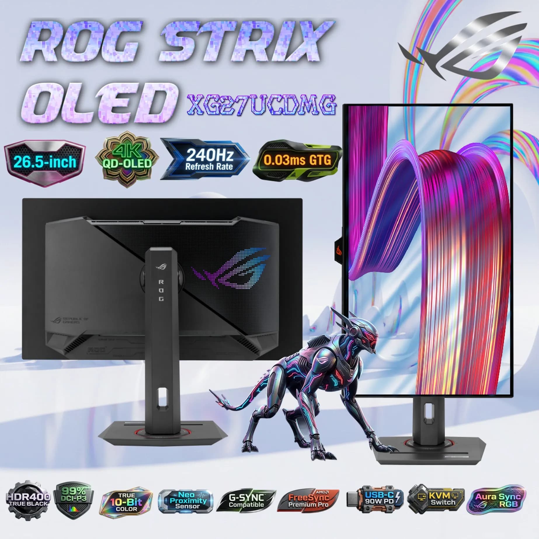 ROG Strix OLED XG27UCDMG 26.5-Inch 4K QD-OLED Gaming Monitor 240Hz 0.03ms,HDR400 True Black,99% DCI-P3 True 10-Bit Color