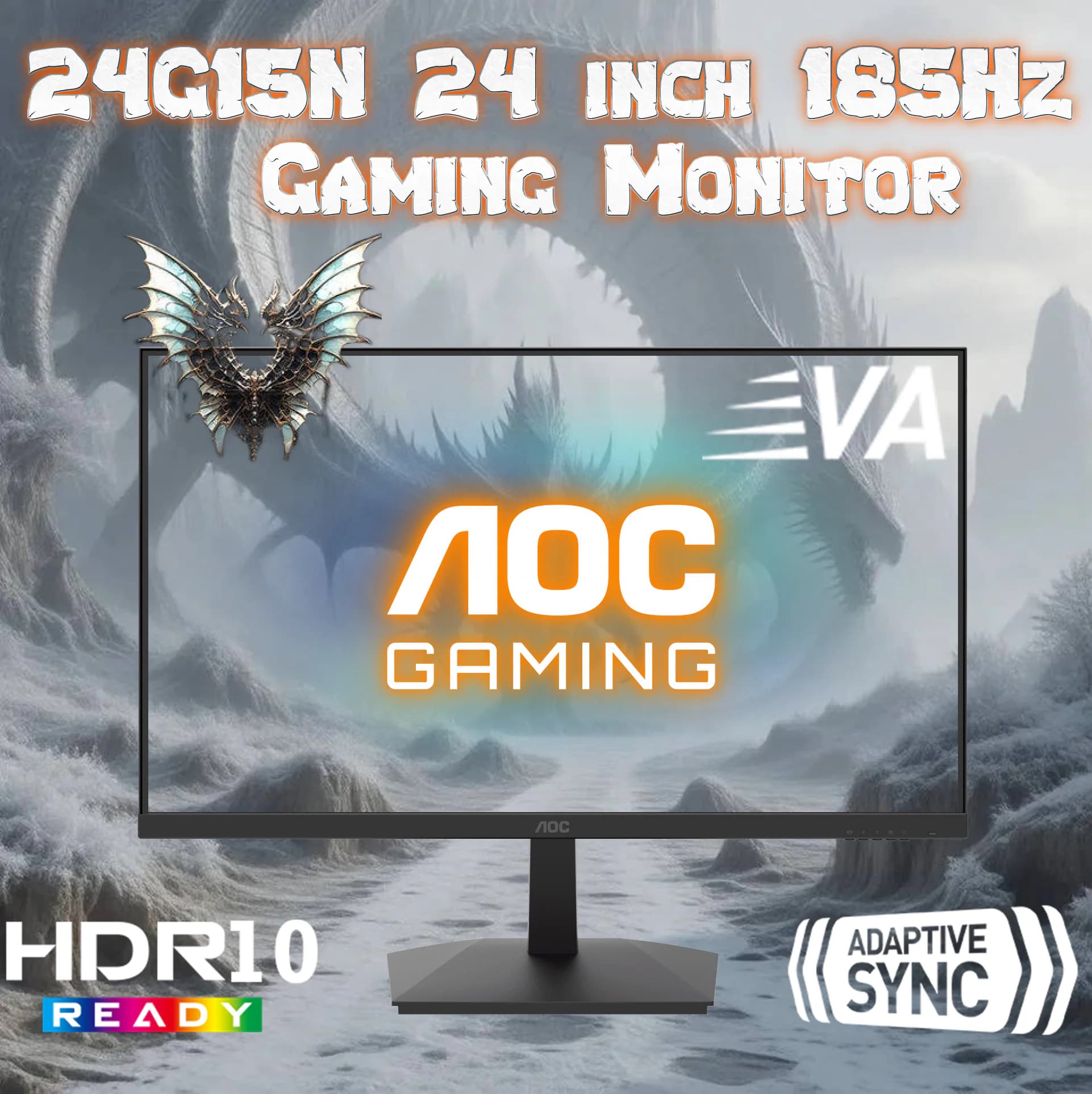 AOC 24G15 Gaming Monitor 24 inch FHD (1920X1080) 185Hz 1ms, 3-Sided Frameless VA panel, Adaptive-Sync, HDR10 Ready, 116%