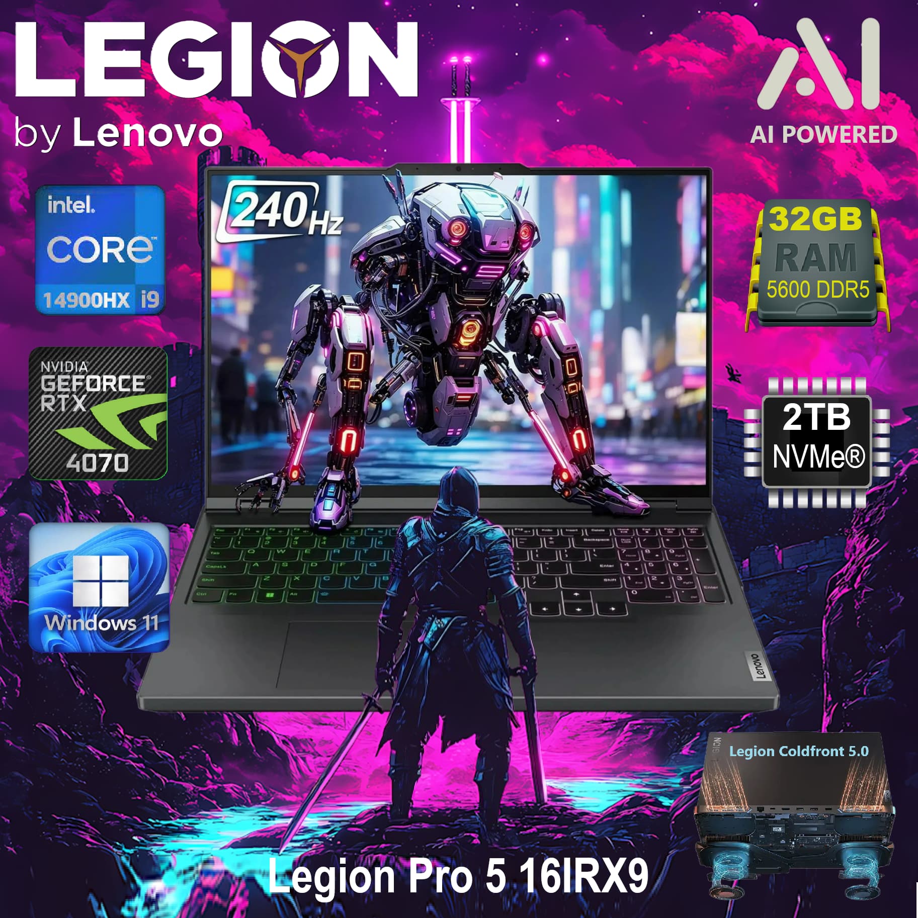 LENOVO AI-Powered Legion Pro 5 16IRX9 Intel Core i9-14900HX | 32GB DDR5 RAM, 2TB SSD NVMe | RTX 4070 8GB