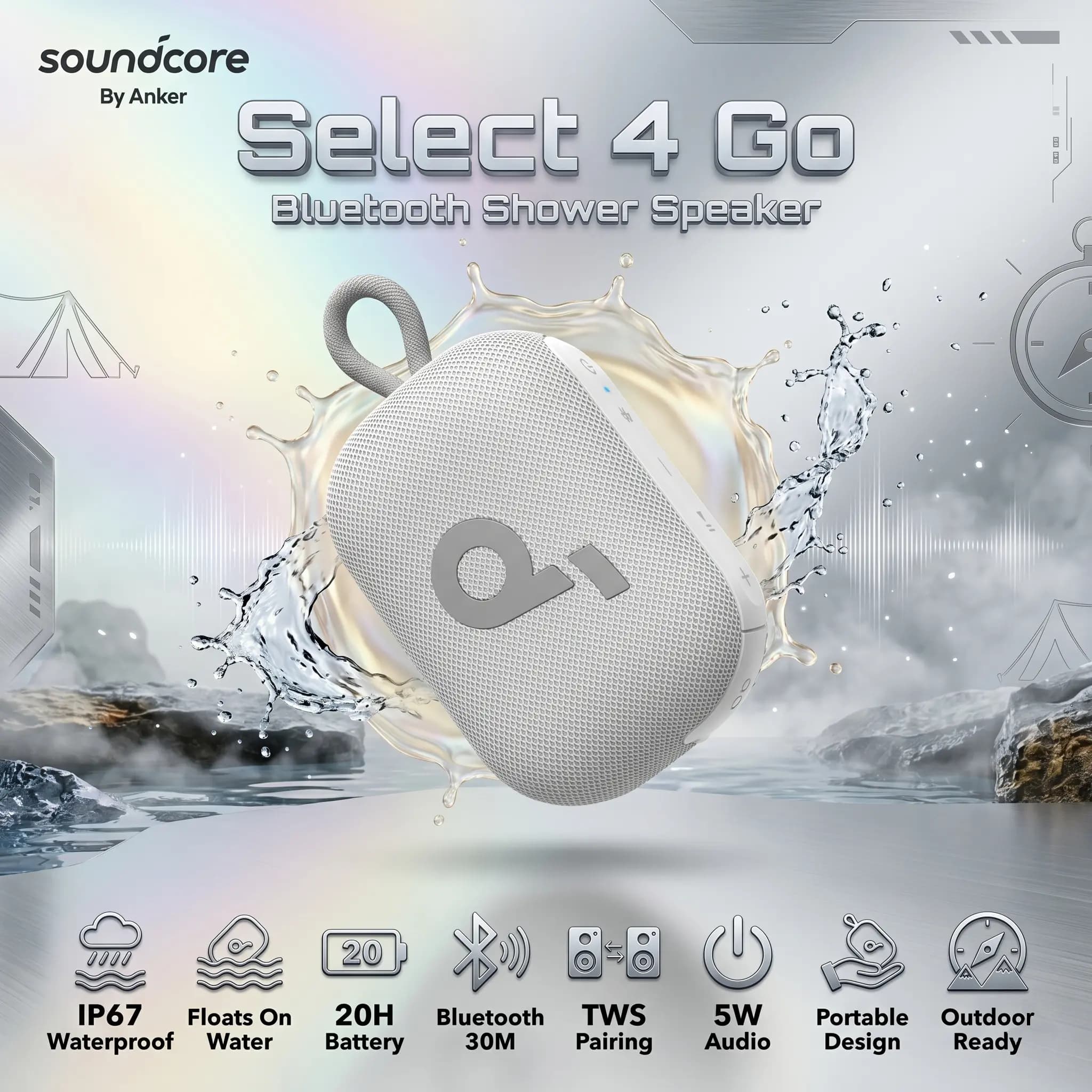 Soundcore Select 4 Go Portable Bluetooth Speaker With IP67 Waterproof Floating Design, 20H Battery, 5W Punchy Audio