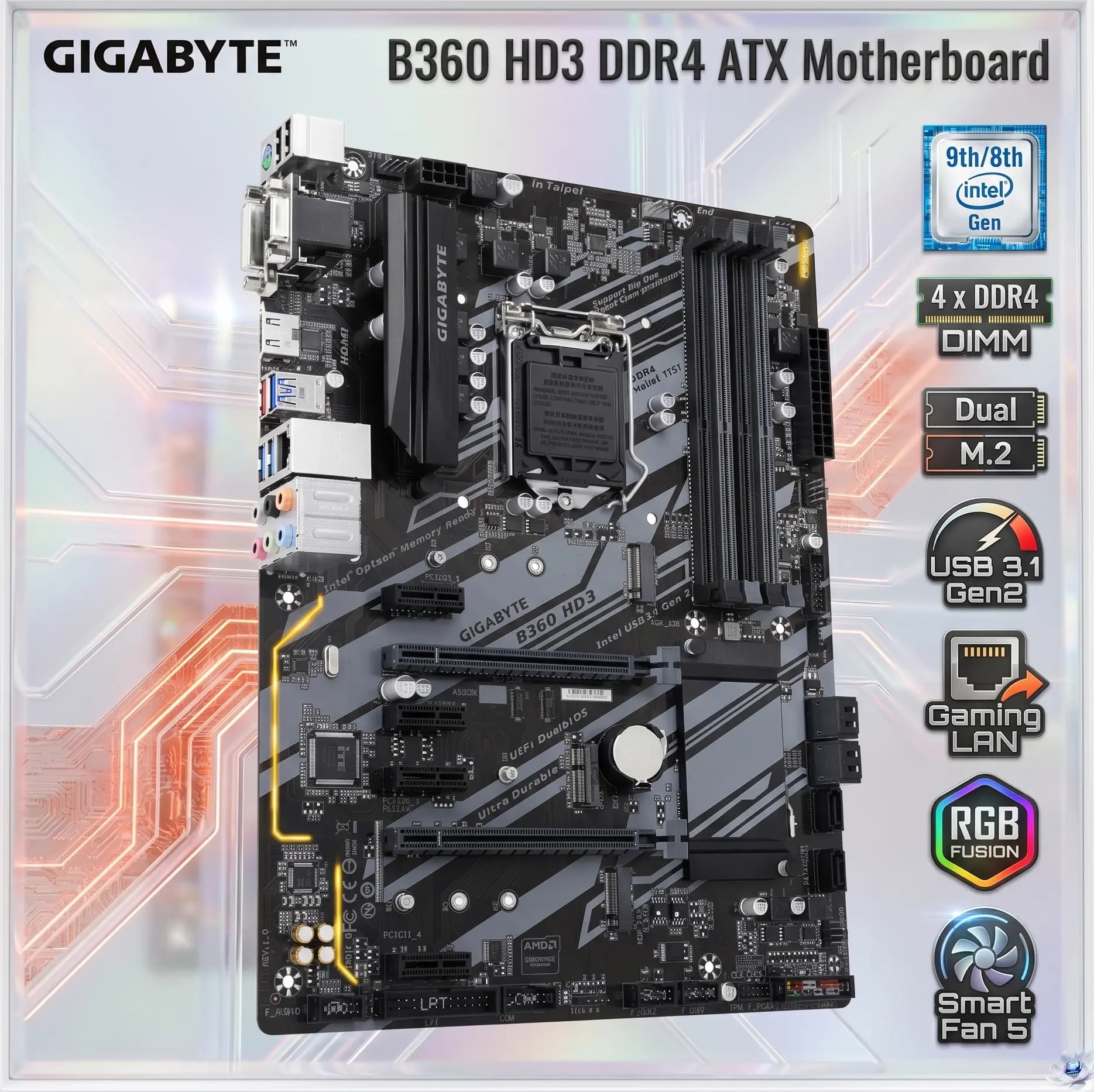GIGABYTE B360 HD3 ATX DDR4 Motherboard, LGA1151, For 9th/8th Gen Intel, 4 x DDR4 DIMMs 64GB, Dual M.2, USB 3.1 Gen2, HDMI
