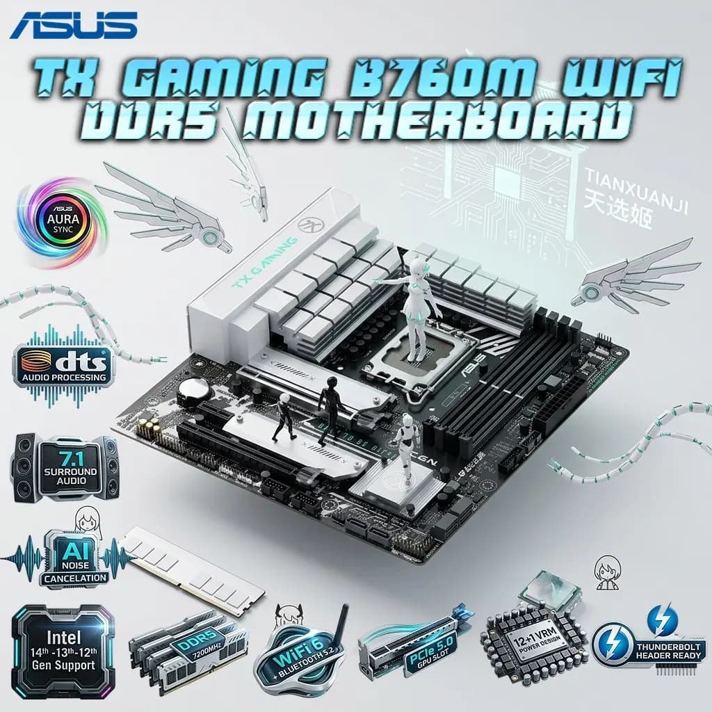 ASUS TX Gaming B760M WiFi DDR5 mATX Motherboard, LGA1700, 4 x DIMM 7200MHz, PCIe 5.0 2x M.2, WiFi 6, 2.5G LAN, USB 3.2 Gen2x2