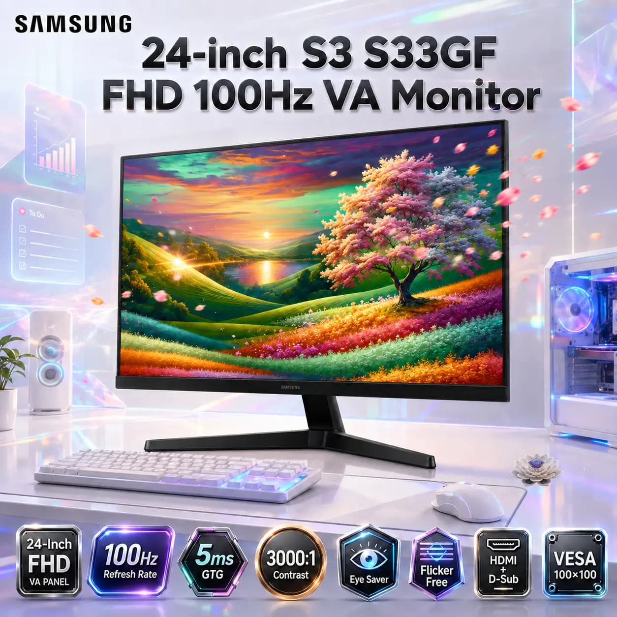Samsung Essential S3 S33GF 24-Inch Full HD VA Monitor, 100Hz, 5ms GTG, 3000:1 Contrast, Eye Saver, Flicker Free, HDMI 1.4 +