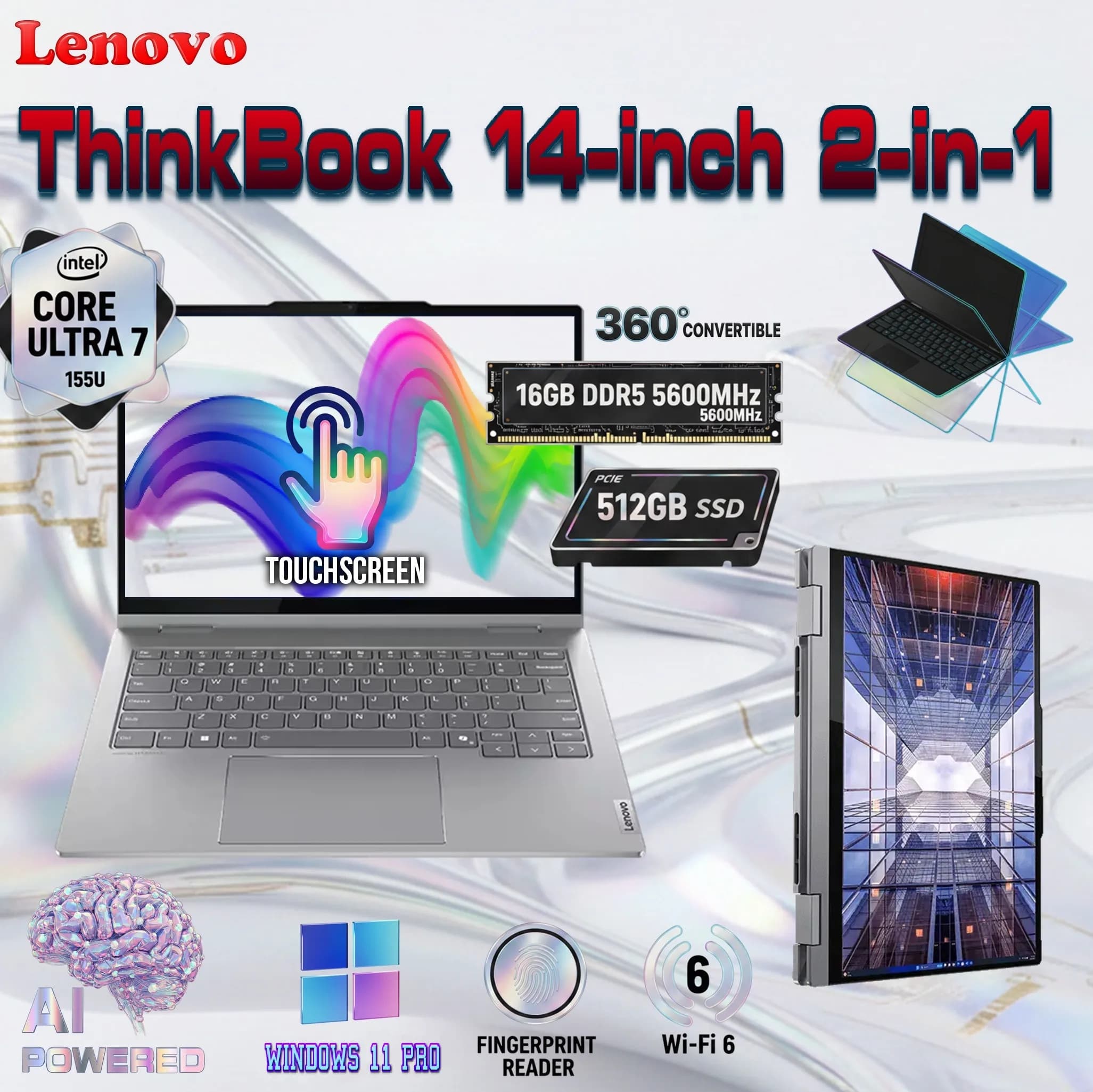 LENOVO ThinkBook 14 2-in-1 G4 IML: Intel Core Ultra 7 155U | 16GB DDR5 RAM; 512GB SSD NVMe | Intel Graphics