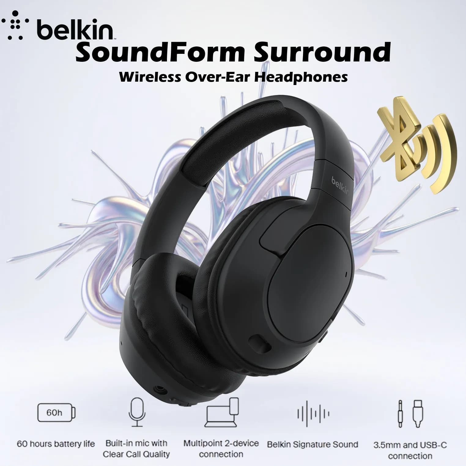 Belkin SoundForm Surround Bluetooth Over-Ear Headphones, Noise Cancelling Headphones, Wireless with 60H Playtime and Soft Ear... (AK-03515)