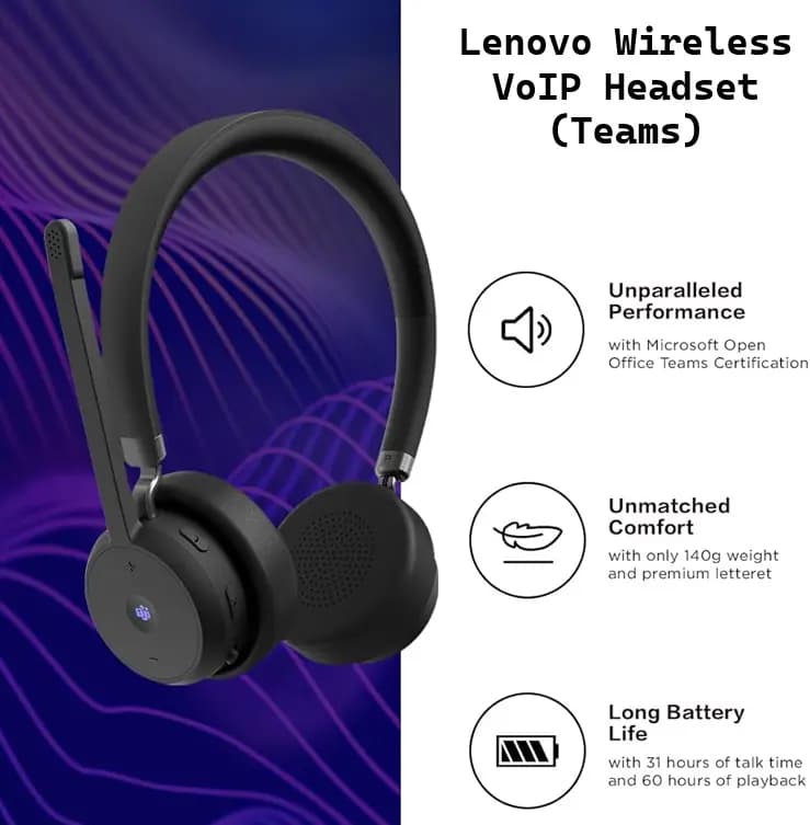Lenovo Wireless VoIP Headset Teams Certified, Noise-Canceling Mic, Bluetooth 5.3 Multipoint, USB-A Receiver