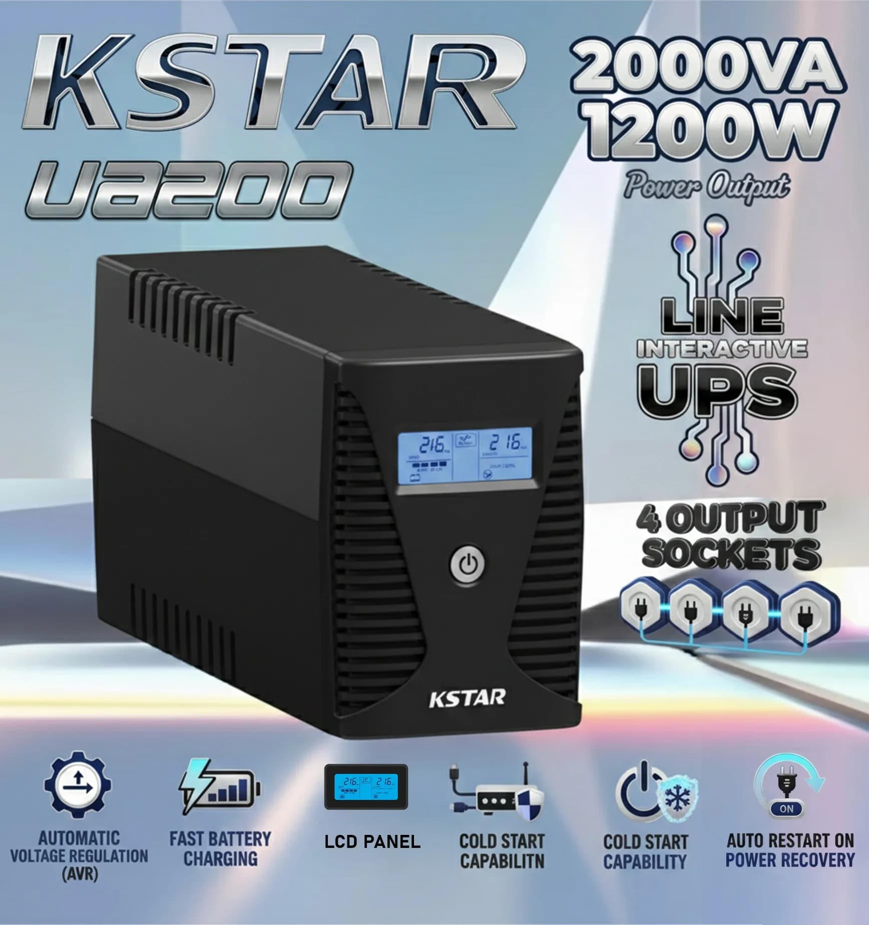 KSTAR UA200 2000VA Line Interactive UPS With Double Boost Single Buck AVR, 1200W Output, Simulated Sinewave, LCD Panel, Fast...