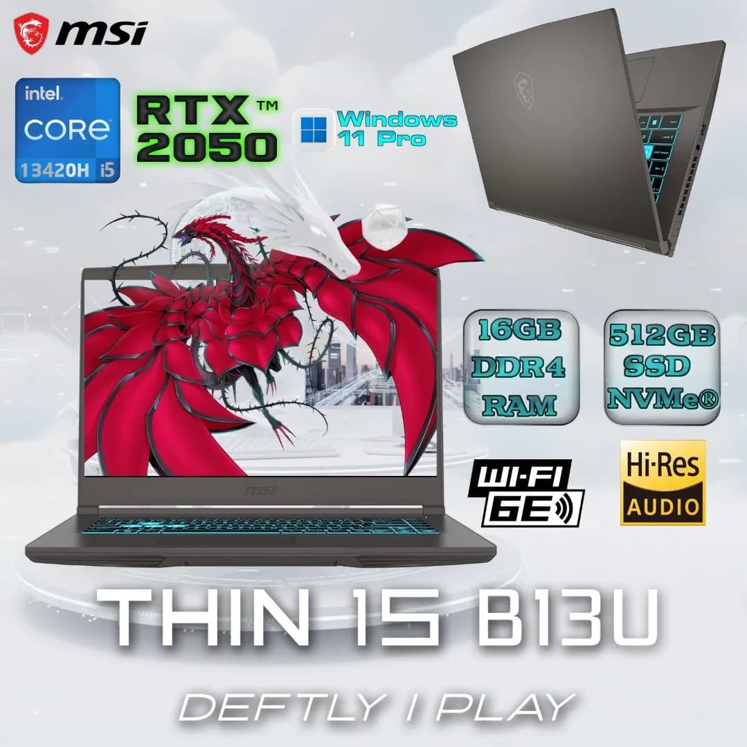 MSI Thin 15 B13UCX Intel Core i5-13420H | 16GB DDR4 RAM ; 512GB NVMe SSD | RTX 2050 4GB | 15.6″ FHD IPS 144Hz Display (AK-04560)