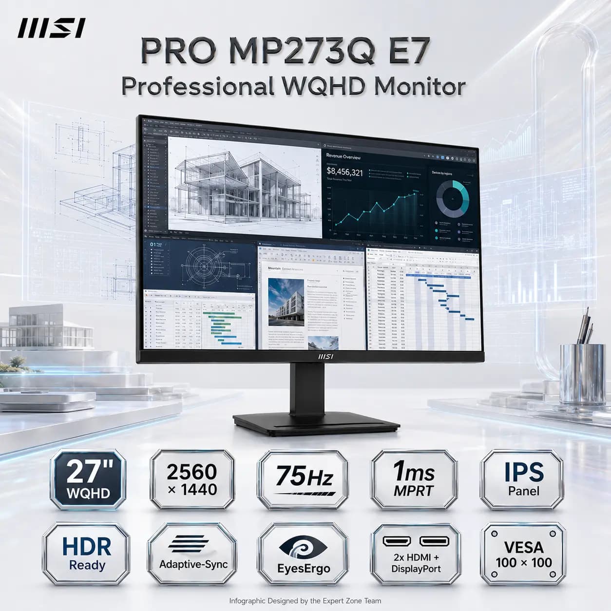 MSI PRO MP273Q E7 27-Inch WQHD 75Hz IPS Business Monitor, HDR Ready, Adaptive-Sync, EyesErgo, 2x HDMI 2.0, DisplayPort 1.2a, VESA Mount & MSI Power Link