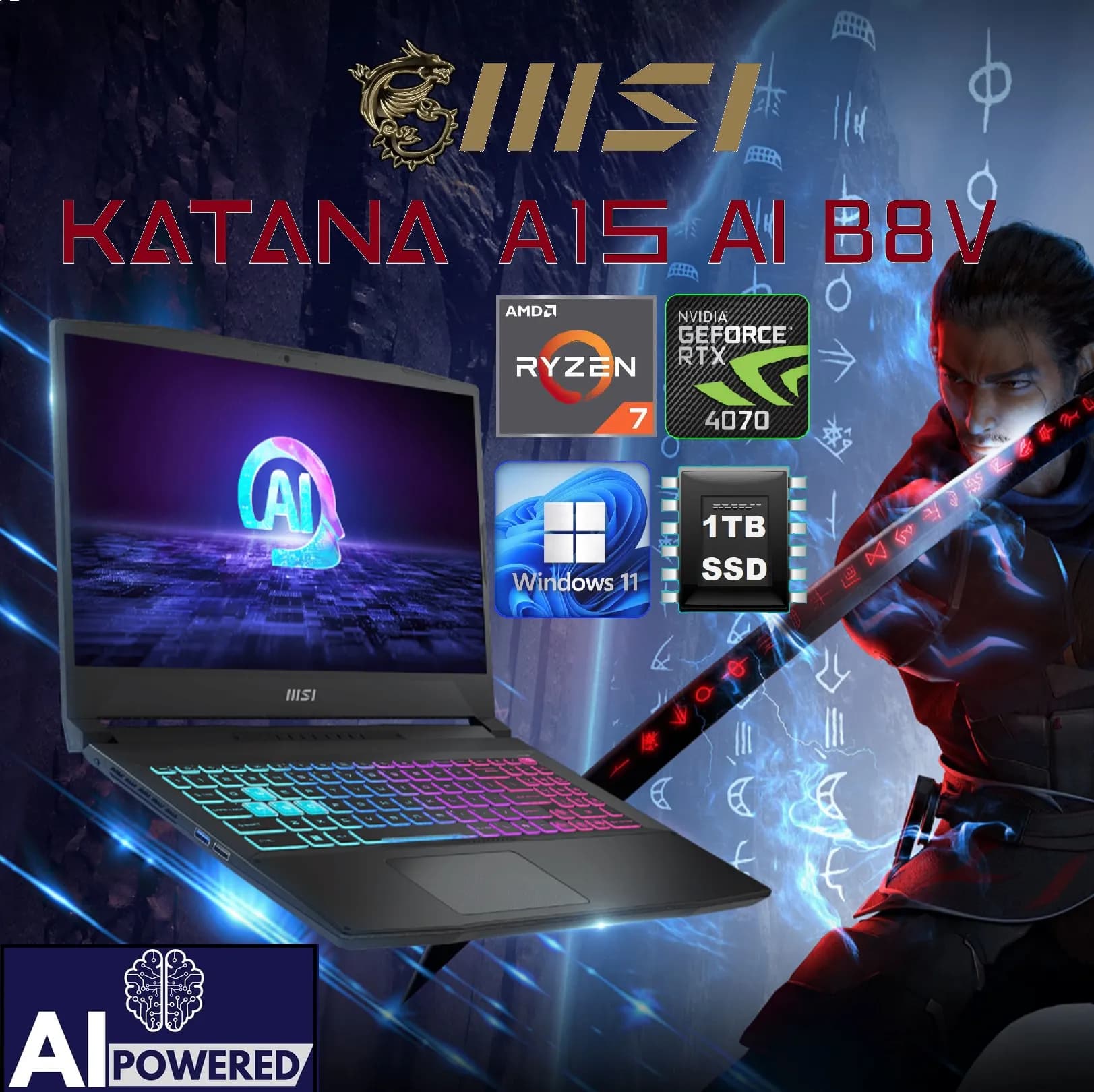 MSI KATANA A15 AI B8VG Ryzen 7 8845HS | 16GB DDR5 RAM; 1TB SSD | RTX 4070; 8GB | 15.6″ QHD Display 165Hz | Windows 11