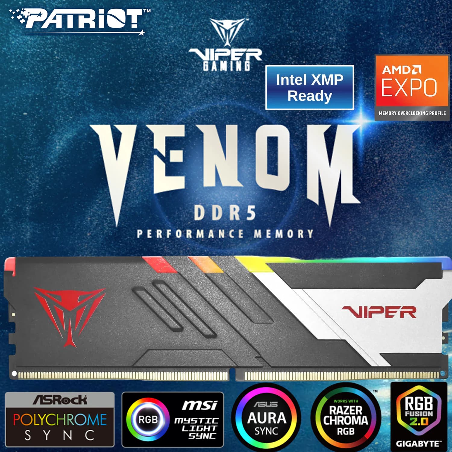 Patriot Viper Venom RGB 16GB DDR5 5600MHz CL36 Desktop RAM, XMP 3.0/EXPO, RGB Sync, On-Die ECC, Aluminum Heatspreader, Intel &...