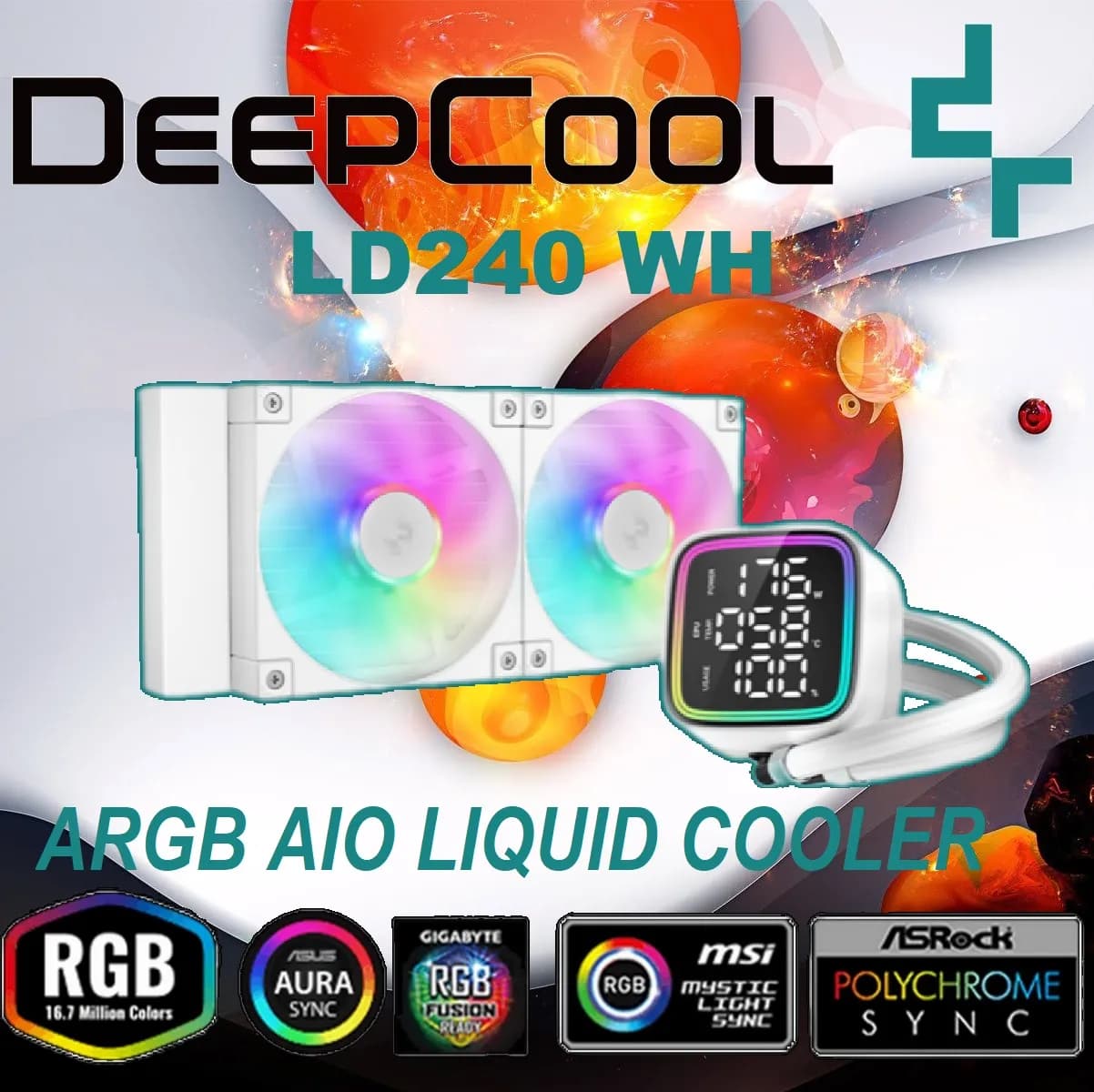 DeepCool LD240 WH ARGB AIO WHITE LIQUID COOLER: Large Display with ARGB Halos for CPU Status, 2x ARGB PWM Fans, 5th