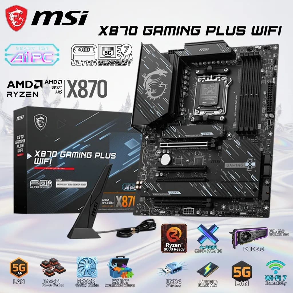 MSI X870 GAMING PLUS WIFI AM5 ATX Motherboard With AMD X870 Chipset, AM5 Socket, 4x DDR5 8200+ MT/s OC, PCIe 5.0, USB4 40Gbps,... (AK-01674-AYKN)