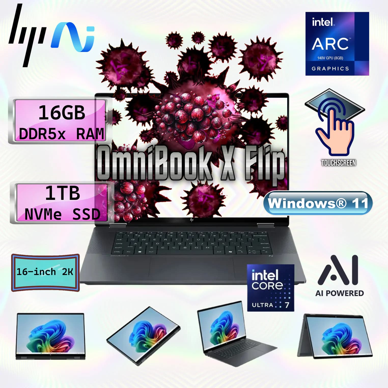 HP OmniBook X Flip AI PC Intel Core Ultra 7 256 Intel AI Boost (47 NPU TOPS) | 16GB DDR5x RAM; 1TB NVMe SSD | Intel Arc