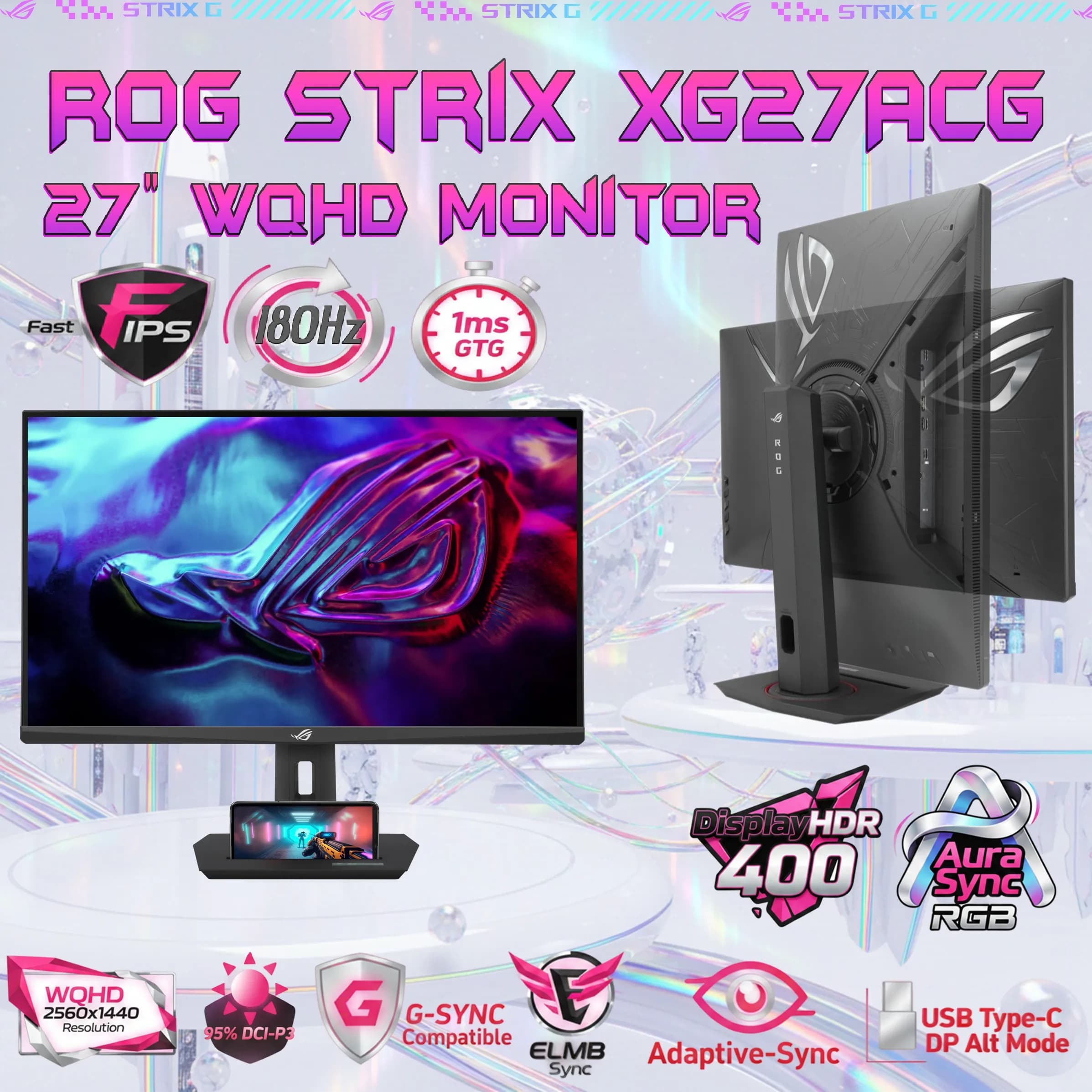 ASUS ROG Strix XG27ACG 27 Inch WQHD 180Hz 1ms Fast IPS Gaming Monitor, DisplayHDR 400, G-SYNC Compatible, USB Type-C DP 1.4