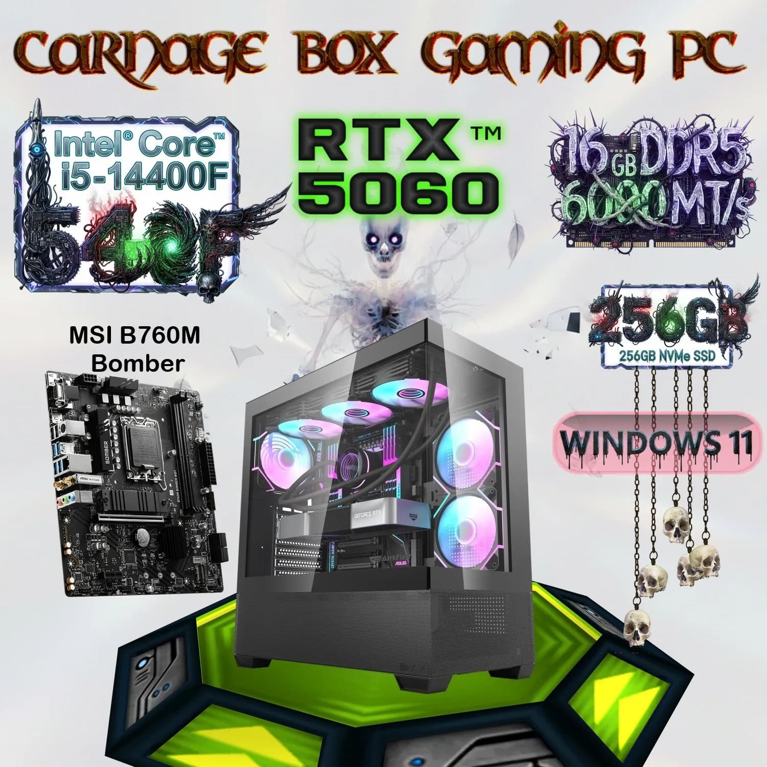 Carnage Box Gaming PC: Intel Core i5-14400F | Fury Beast 16GB DDR5 6000MT/s, 256GB NVMe SSD | ASUS Dual OC RTX 5060 8GB