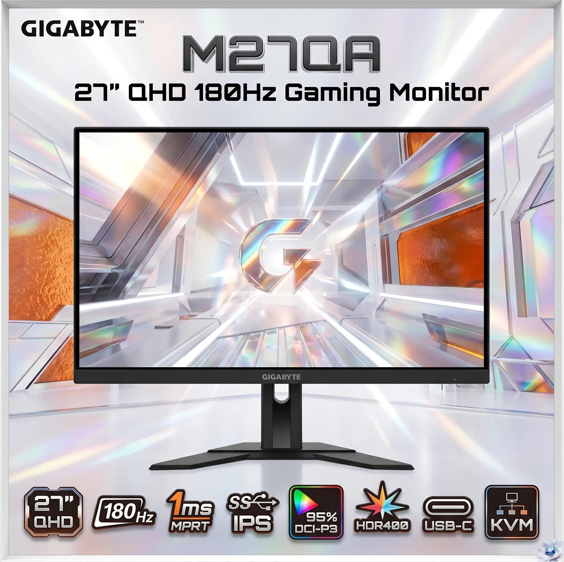 GIGABYTE M27QA 27โ QHD SS IPS Gaming Monitor, 180Hz, 1ms MPRT, 95% DCI-P3, HDR400, USB-C, KVM, HDMI 2.0, DP 1.4