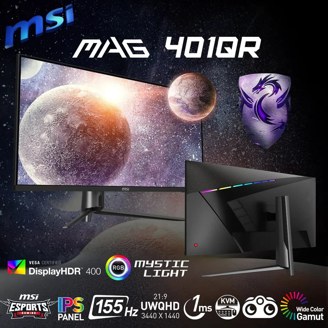 MSI MAG401QR 40″ UWQHD 155Hz 1ms IPS Gaming Monitor with RGB Back Design; FreeSync Premium; HDR 400; 3440 x 1440 (UWQHD)