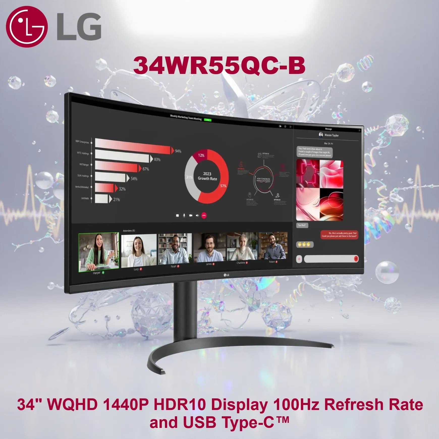 LG 34 inch UltraWide Curved Monitor, WQHD 3440×1440, HDR10, VA Panel, 100Hz, AMD FreeSync, USB-C 65W PD